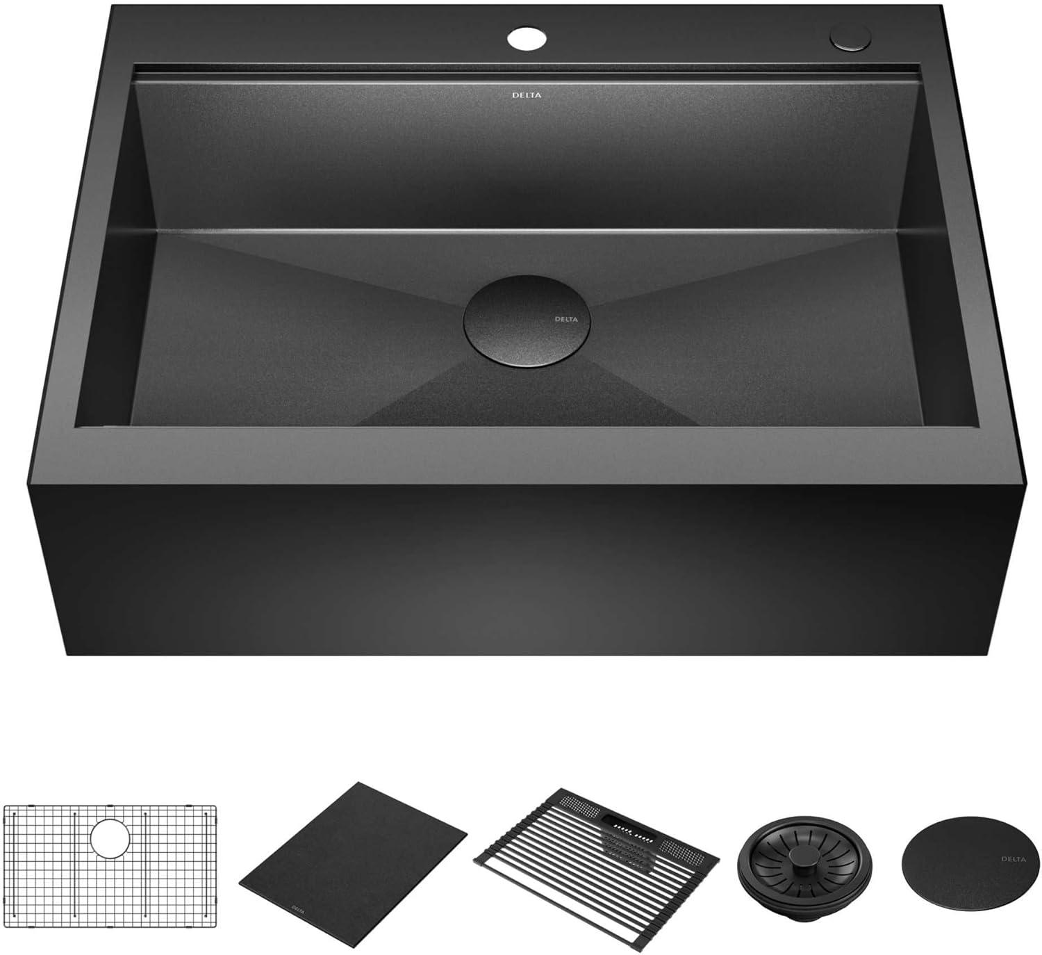 Delta Rivet™ Black Stainless Steel Retrofit Farmhouse Apron Front 16 Gauge Workstation Kitchen Sink Single Bowl