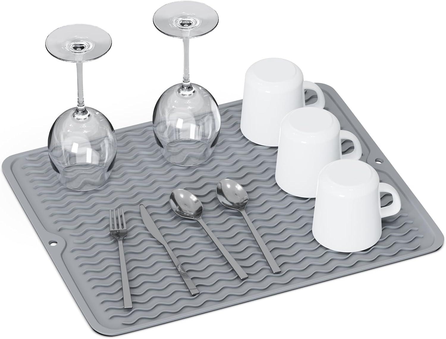 Silicone Dish Drying Mat, Non-Slip Dishwashing Mat for Kitchen Counter, Easy Clean, Waterproof, Heat-Resistant Silicone Mat 16''x12'' C49