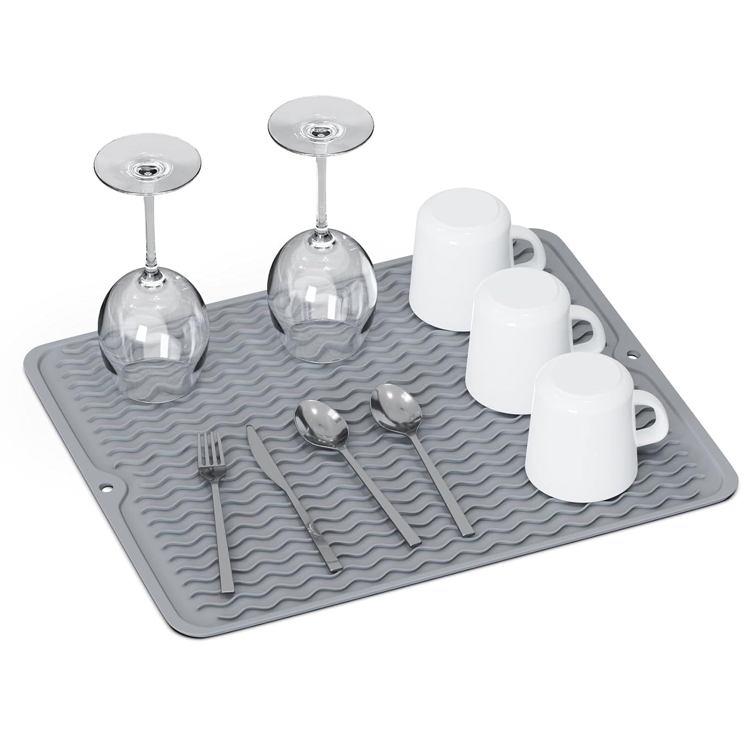 Silicone Dish Drying Mat, Non-Slip Dishwashing Mat for Kitchen Counter, Easy Clean, Waterproof, Heat-Resistant Silicone Mat 16''x12'' C49