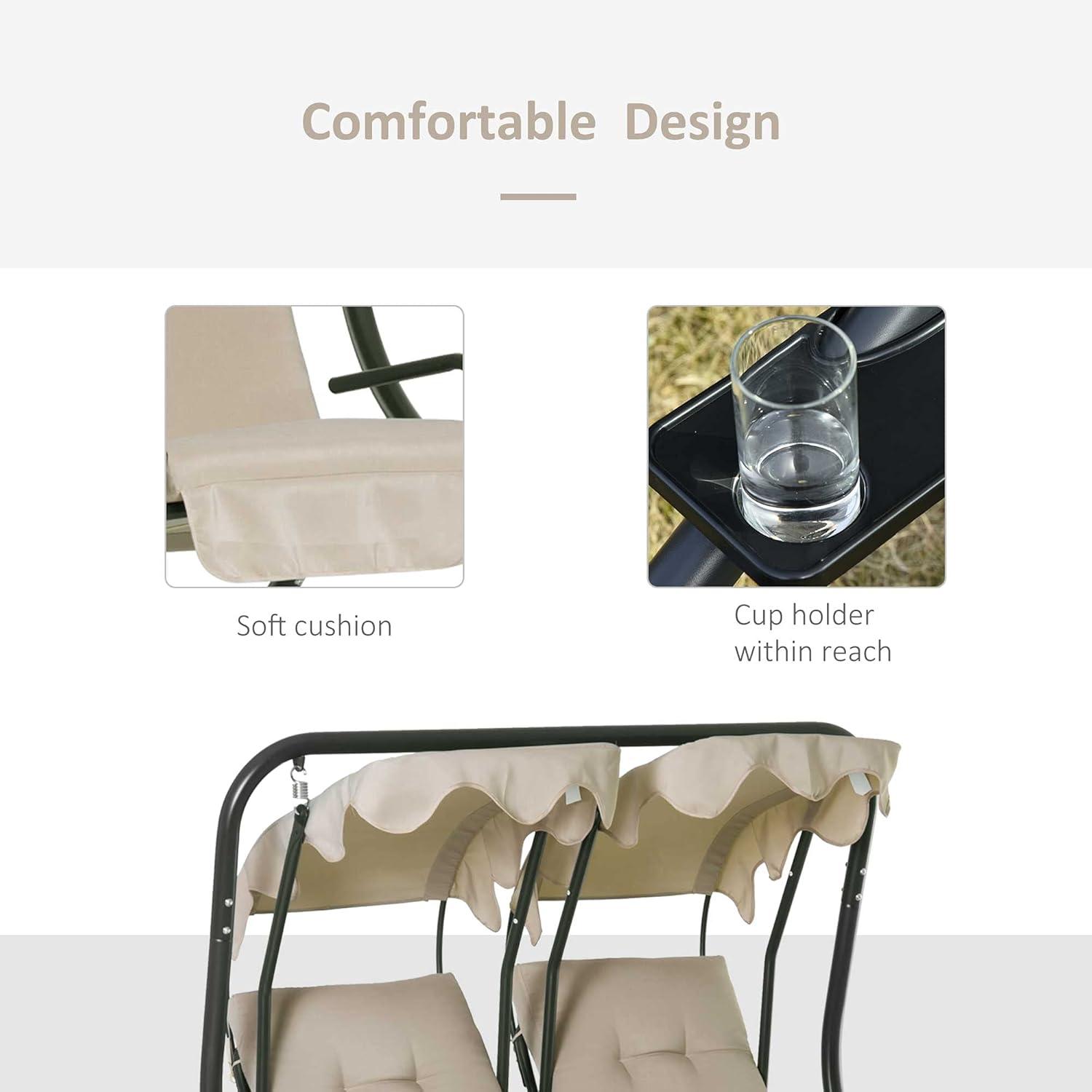 Outsunny Modern 2-Seater Outdoor Patio Swing Chair, Porch Seats with Cup Holder and Removeable Canopy, Beige