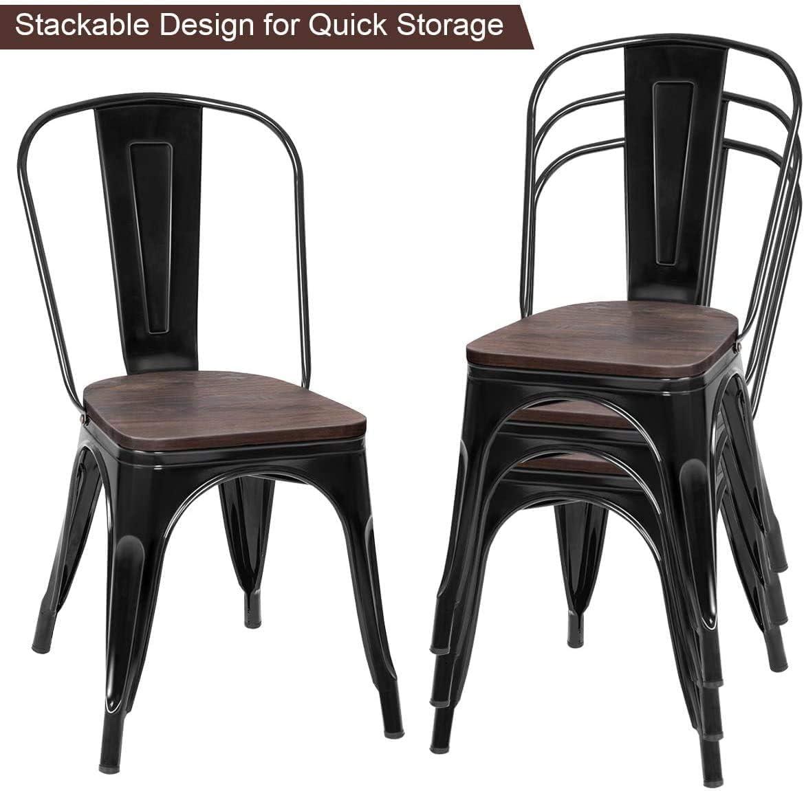 LUARANE 18 Inch Dining Chair Set of 4, Vintage Industrial Stackable Counter Metal Bar Chairs, w/High Backrest Wood Seat Surface, for Home Kitchen Cafe Bar Use (Black)