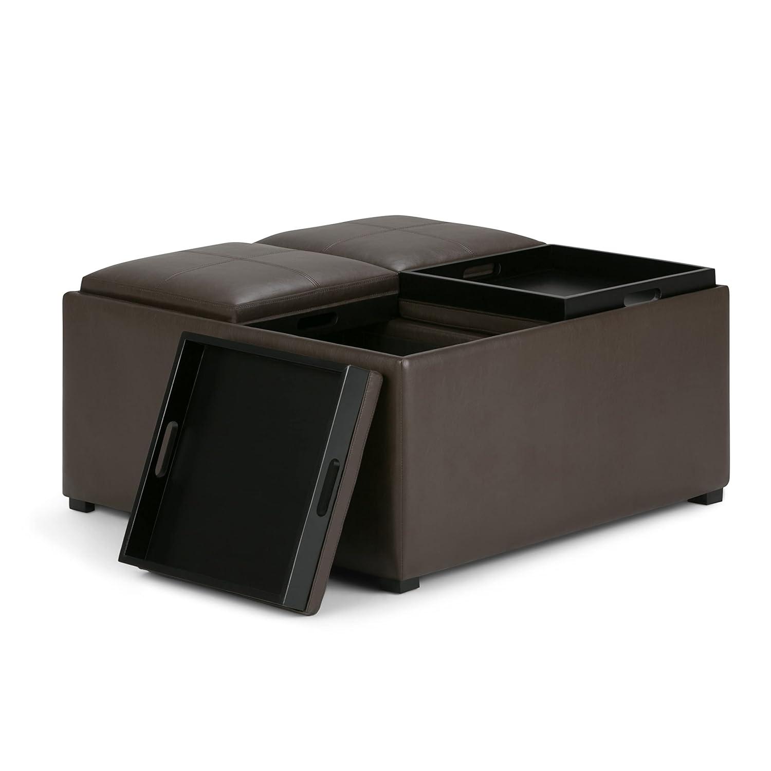 Simpli Home Avalon 35"W Upholstered Square Coffee Table Storage Ottoman with Flip-Over Trays