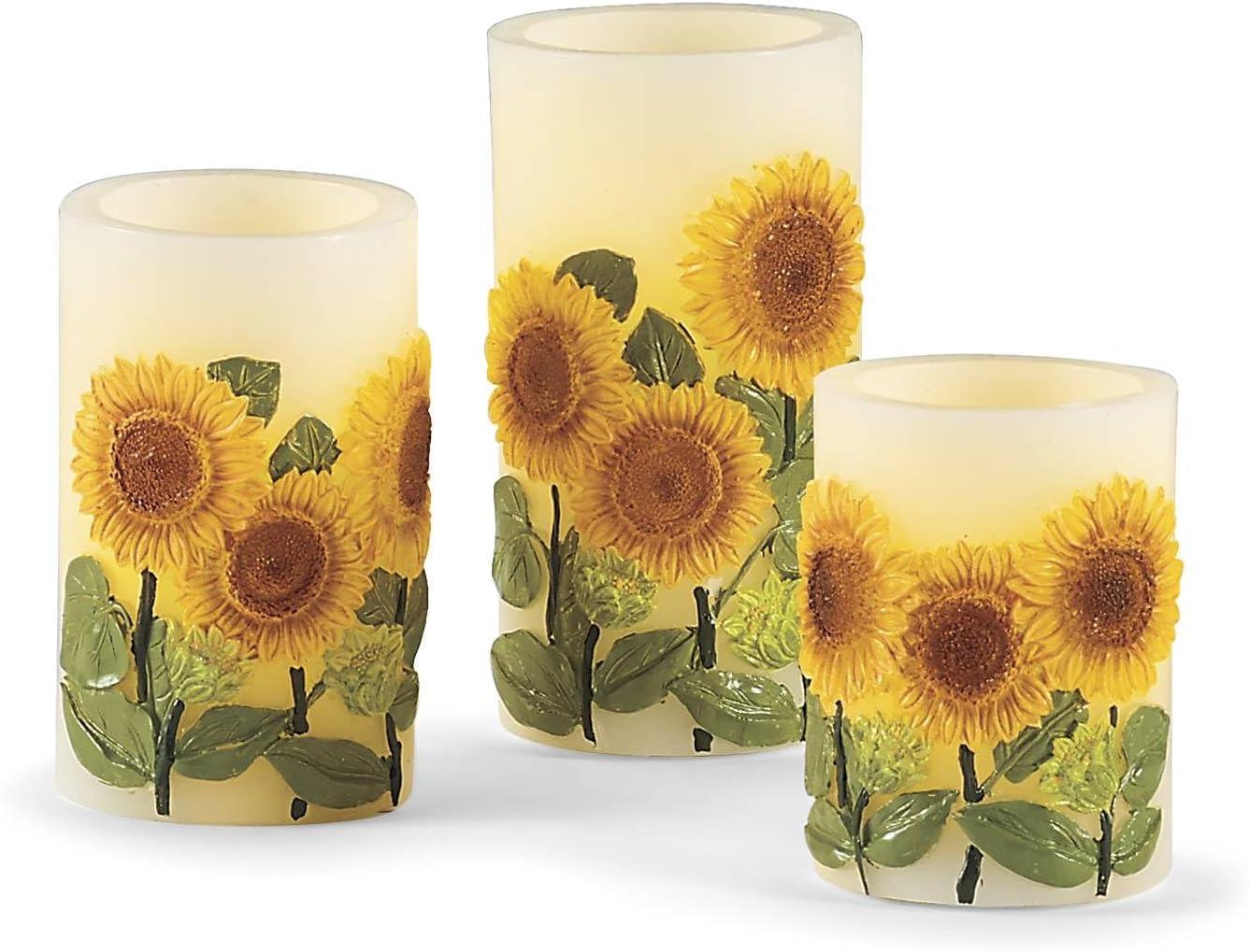 SAGEFINDS LED Sunflower Candles | Set of 3 | Flameless Real Wax Pillar Candles | Embossed Floral Design | Battery Operated