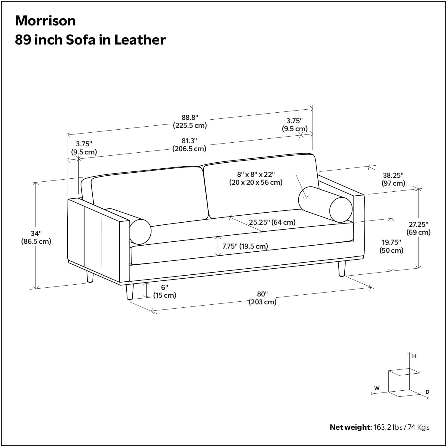 Simpli Home Morrison Genuine Leather Sofa, Mid-Century Modern Couch for Living Room, Handcrafted with Removable Cushions