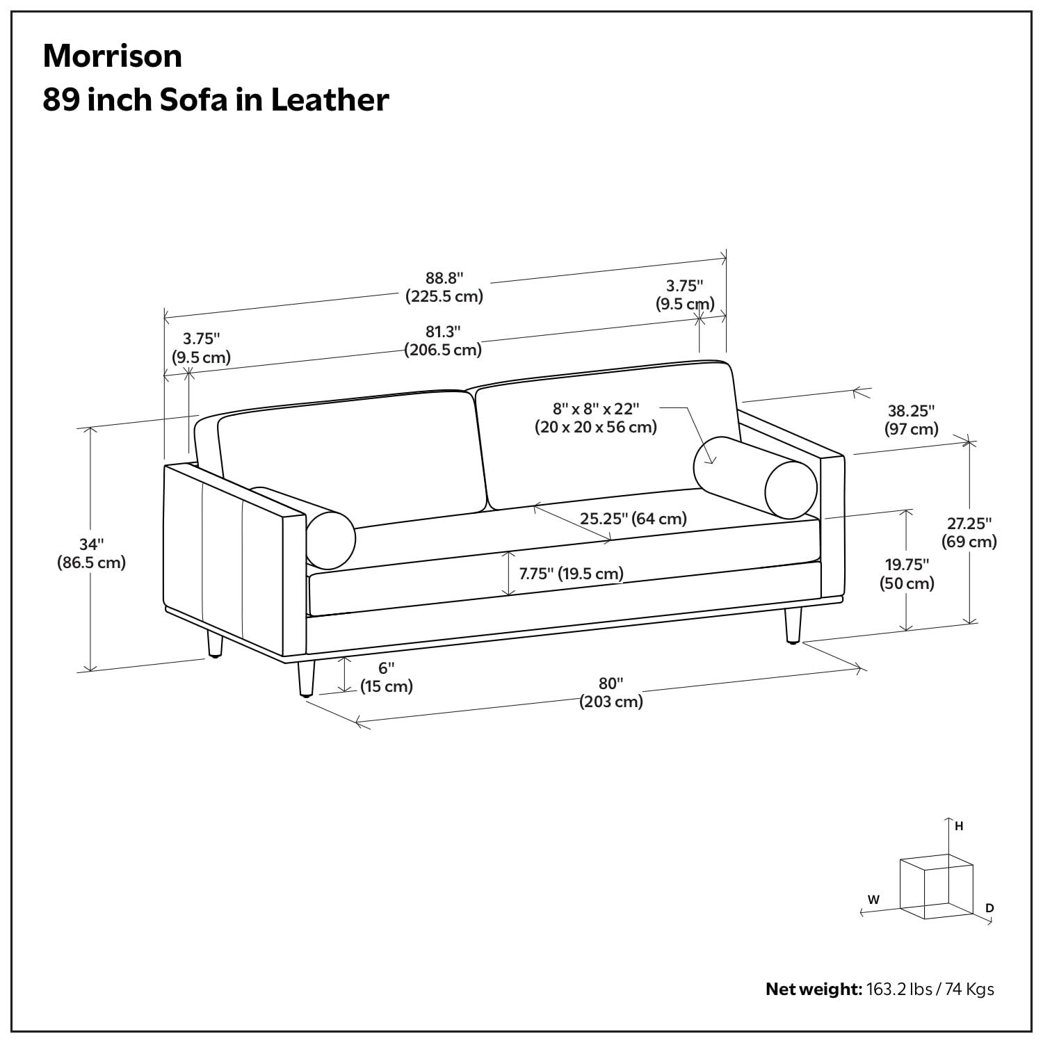Simpli Home Morrison Genuine Leather Sofa, Mid-Century Modern Couch for Living Room, Handcrafted with Removable Cushions