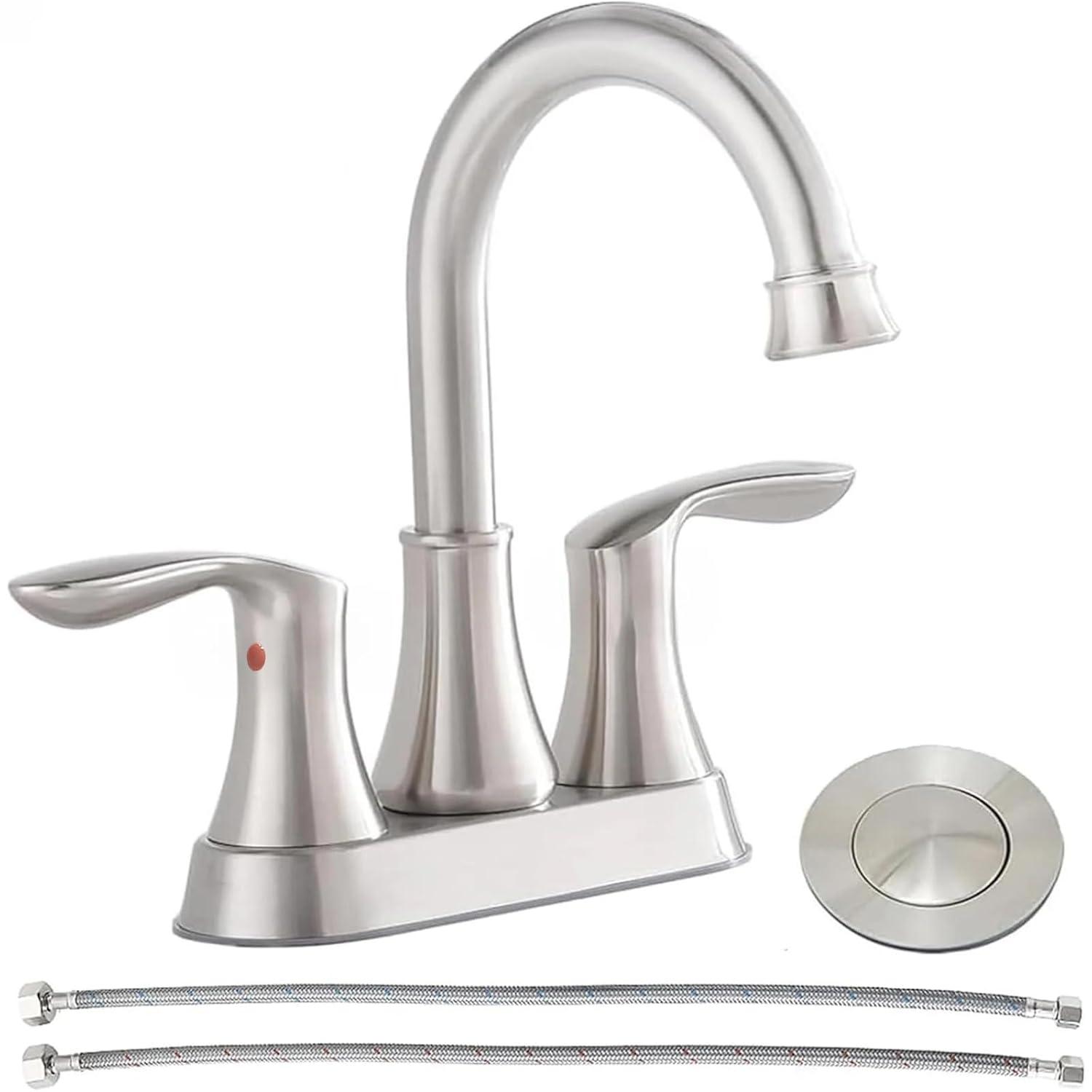 Brushed Nickel Bathroom Faucet, 2-Handle Lead-Free 360° Swivel High-Arc Spout 4 Inch Centerset Bath Lavatory Vanity Sink Faucets Set for Sinks with Drain & Water Hoses, VABM80008L