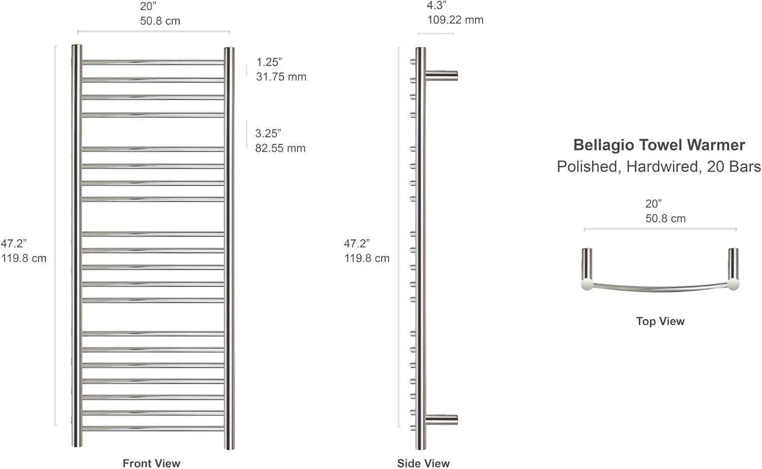 Heated Towel Rack, 20-Bar Wall Mounted Towel Warmer Polished Stainless Steel for Luxury Spa-Like Comfort in Your Bathroom, Electric Hardwired 190 W (WarmlyYours Bellagio)