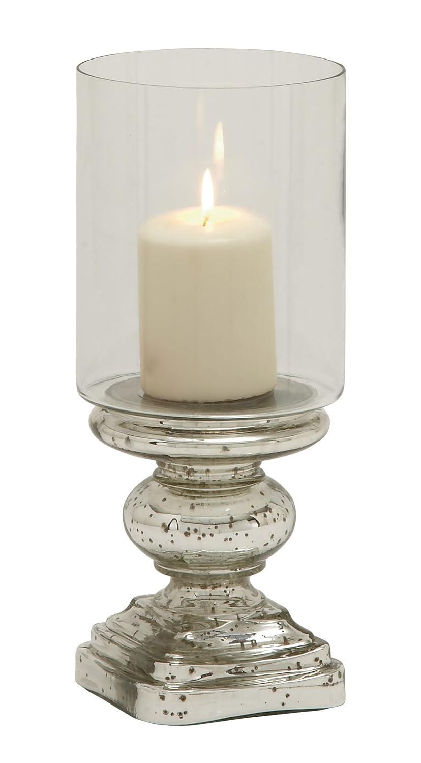 DecMode Silver Glass Handmade Turned Style Pillar Hurricane Lamp with Faux Mercury Glass Finish