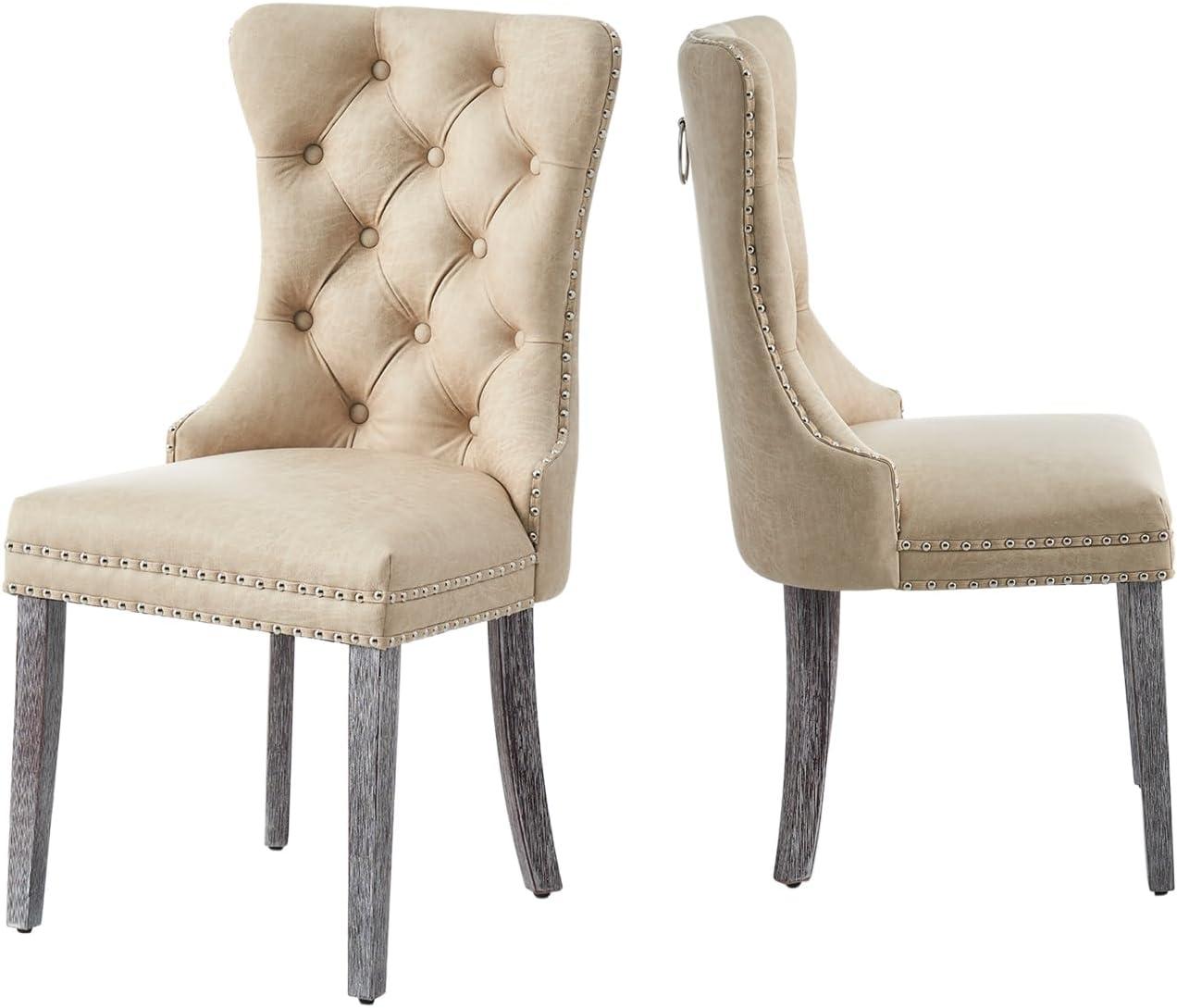 BELLEZE Upholstered Dining Chairs Set of 2, Velvet Luxury Dining Room Chairs with Button Back, Nailhead Trim, Pull-ring, Solid Wood Legs for Kitchen, Living Room, Restaurant - Chandler (Beige)