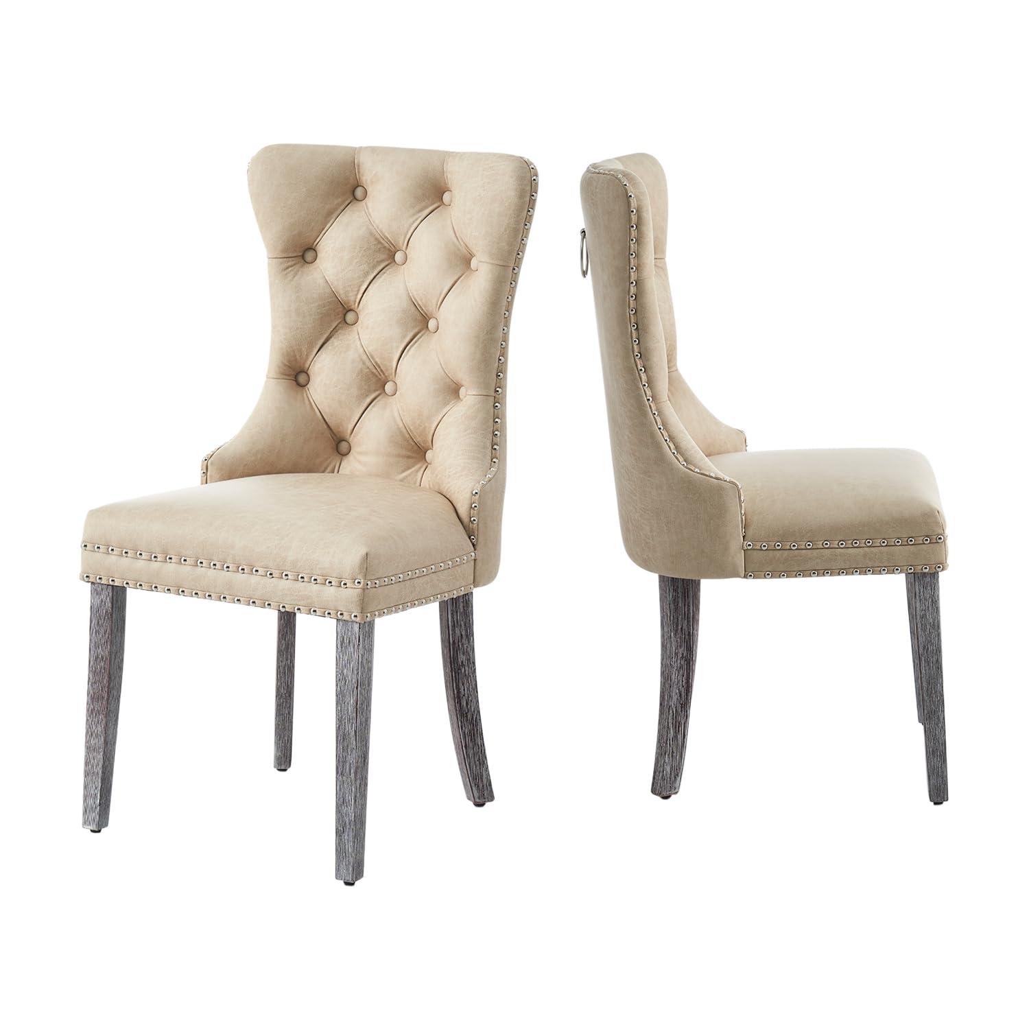 BELLEZE Upholstered Dining Chairs Set of 2, Velvet Luxury Dining Room Chairs with Button Back, Nailhead Trim, Pull-ring, Solid Wood Legs for Kitchen, Living Room, Restaurant - Chandler (Beige)