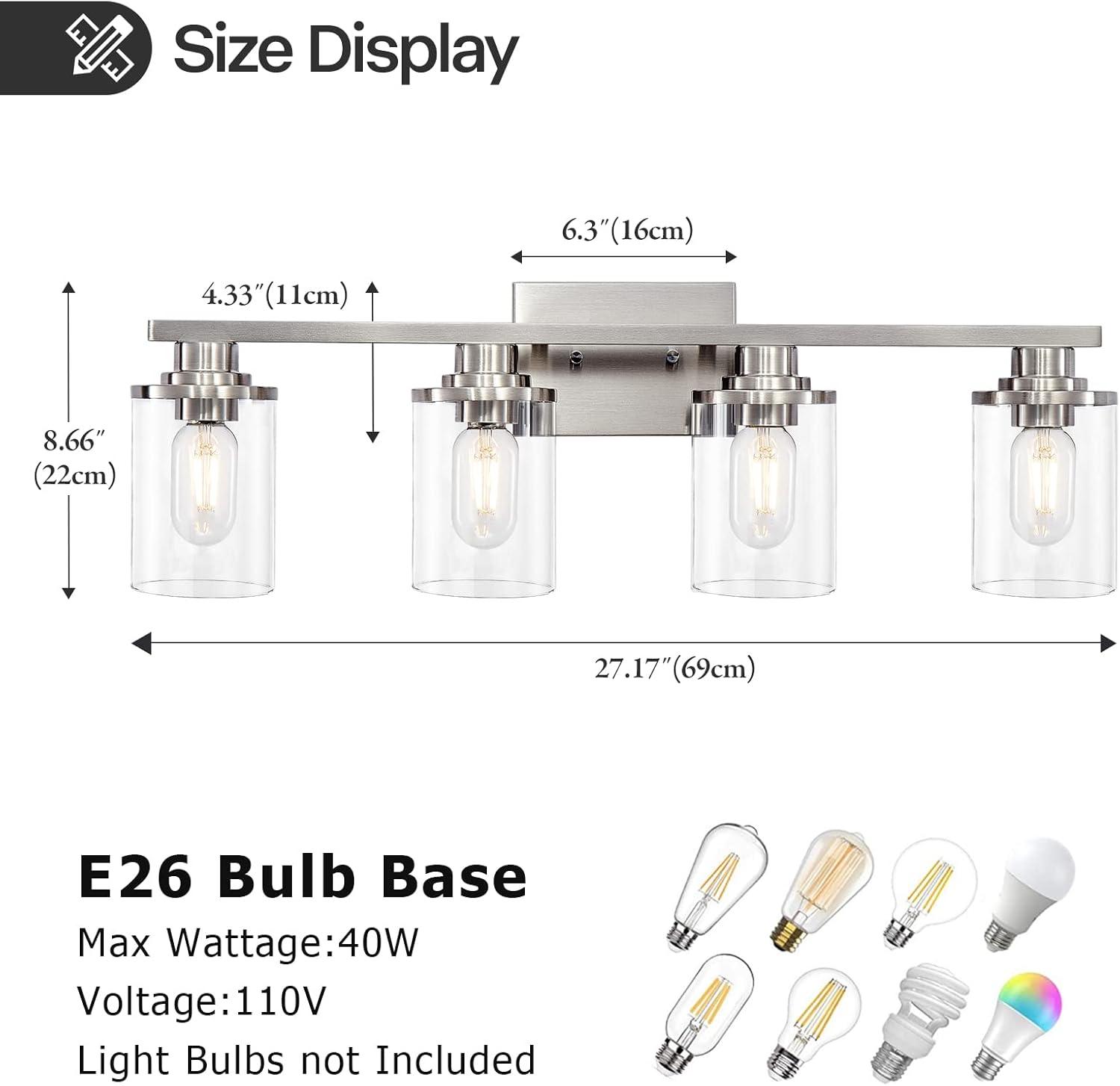 Brushed Nickel 4-Light Bathroom Vanity Fixture with Clear Glass Shades