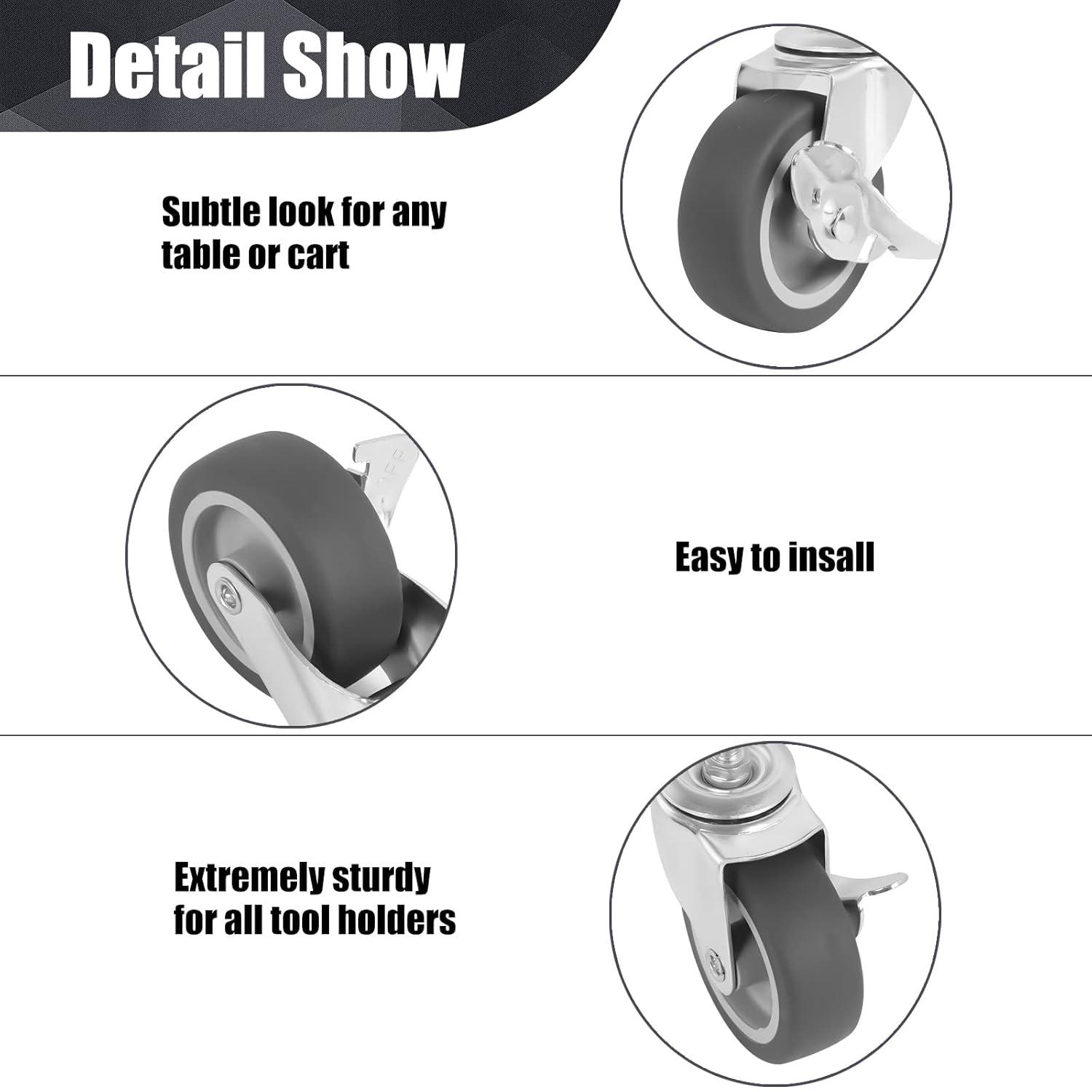Caster Wheels, 3 Inch Stem Casters Set of 4, Heavy Duty Swivel Wheel with Brake, Metric Size M8-1.25-15 (Screw Diameter 8mm, Screw Length 15mm) Casters for Workbench Trolley, Furniture Dolly