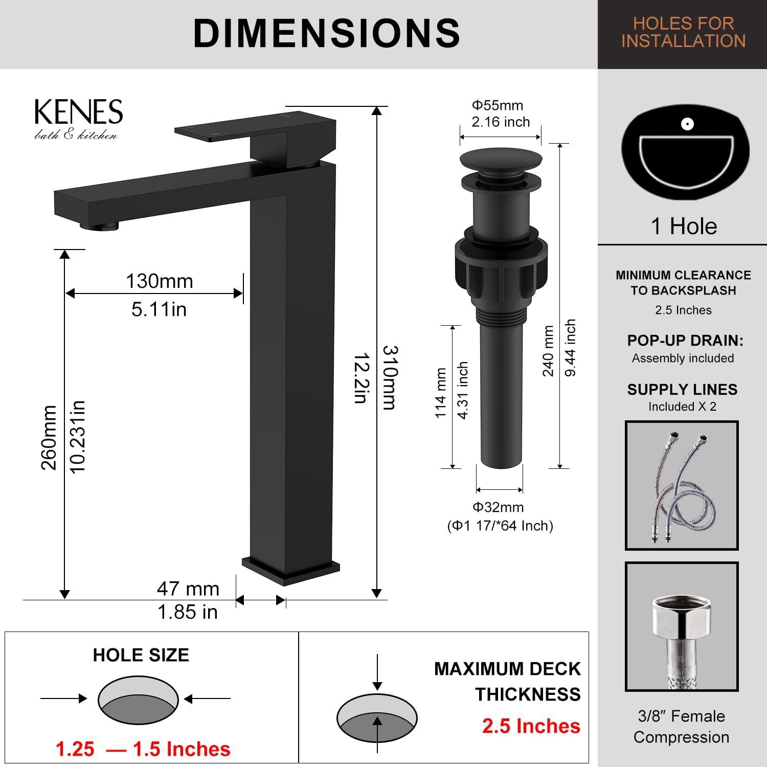 Tall Matte Black Stainless Steel Bathroom Faucet with Pop-Up Drain