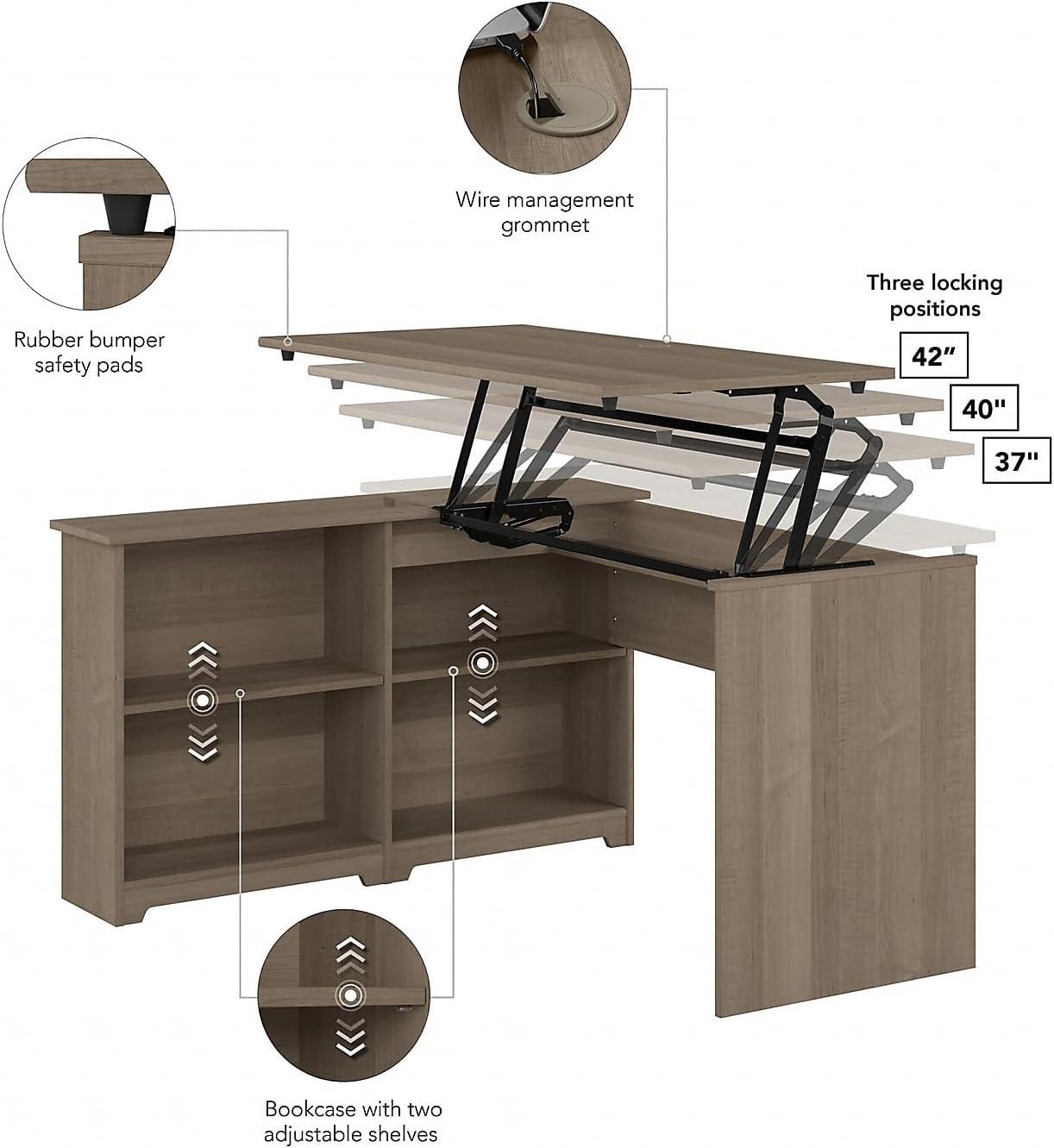 Bush Furniture Cabot 52W 3 Position Sit to Stand Corner Desk with Shelves in Ash Gray