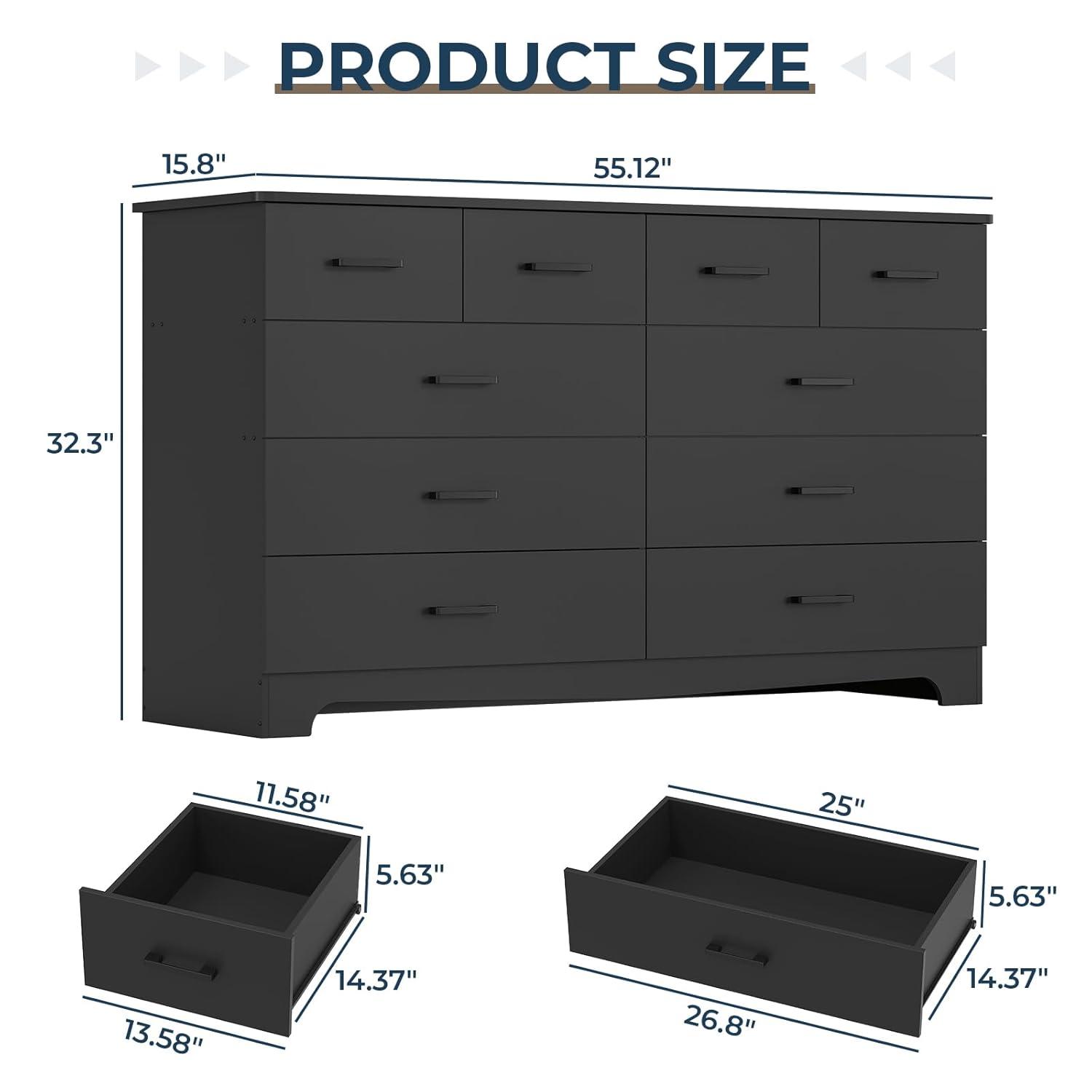 10 Drawers Dresser for Bedroom, Chest of Drawers with Charging Station, Bedroom Storage Organizer, Black