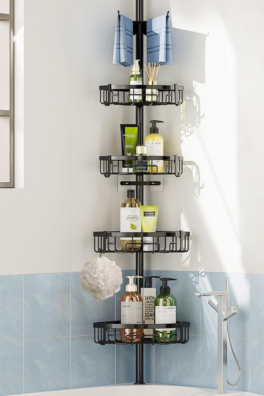 Black Adjustable Tension Pole Shower Caddy with 4 Rustproof Shelves