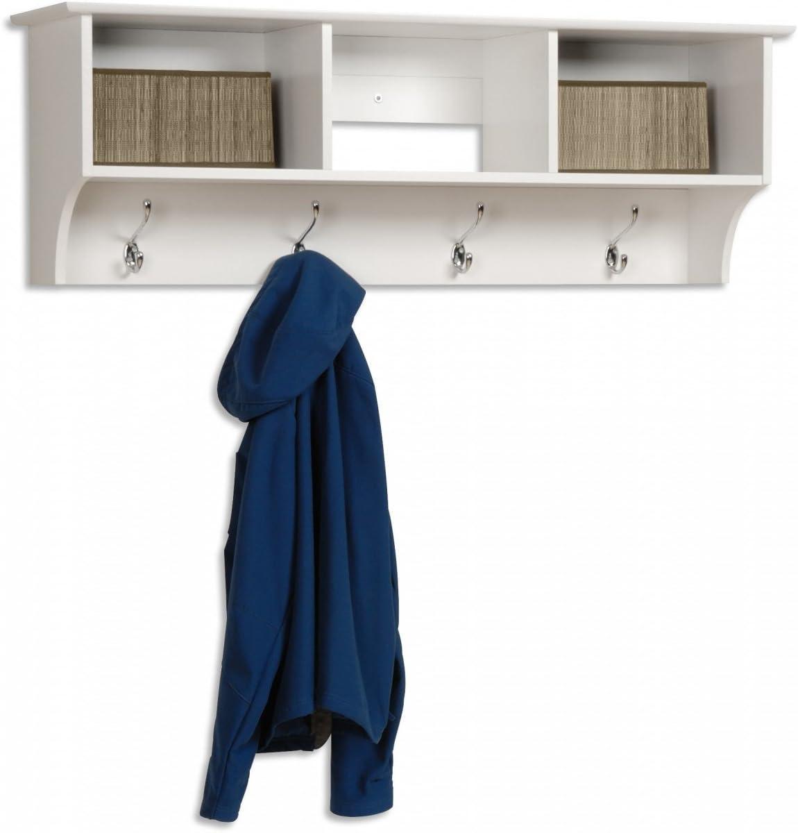 White MDF Wall-Mounted Entryway Cubbie Shelf with Coat Hooks