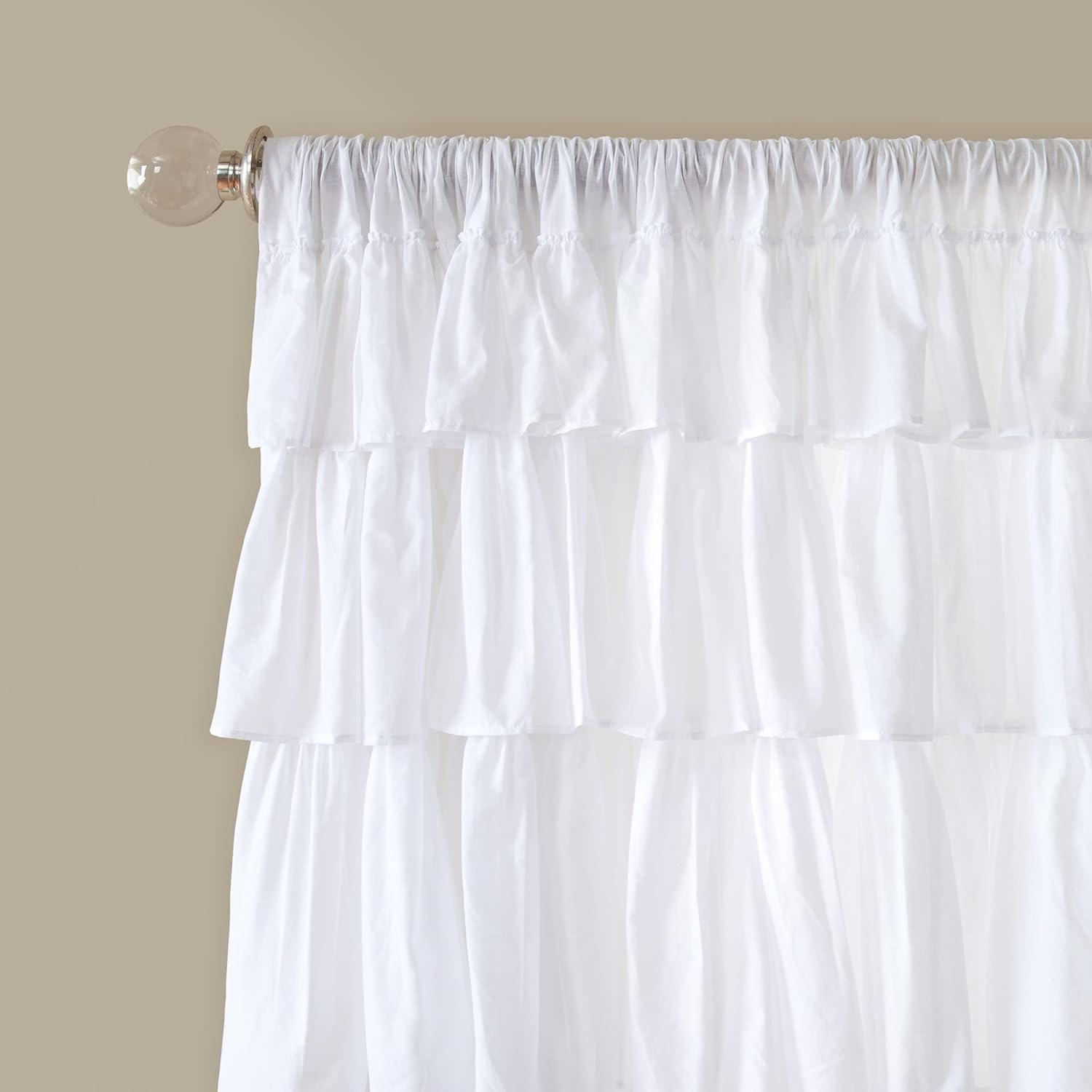 White Cotton Ruffled Rod Pocket Light-Filtering Curtain Panel