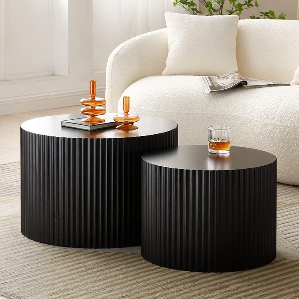 WILLIAMSPACE Nesting Coffee Table Set of 2, Matte Black Round Wooden Coffee Tables, Modern Luxury Side Tables Accent End Table for Living Room Apartment