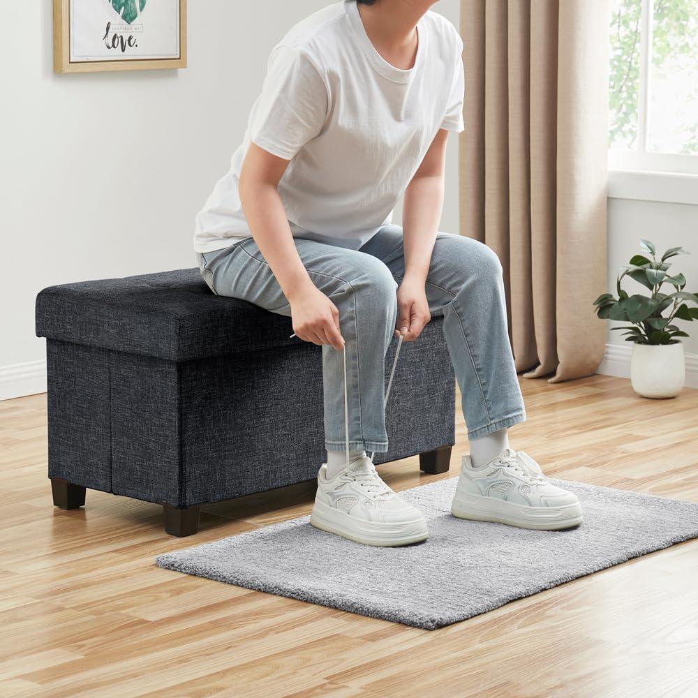 Ornavo Home Foldable Tufted 30 Inch Linen Bench Storage Ottoman with Legs - Black