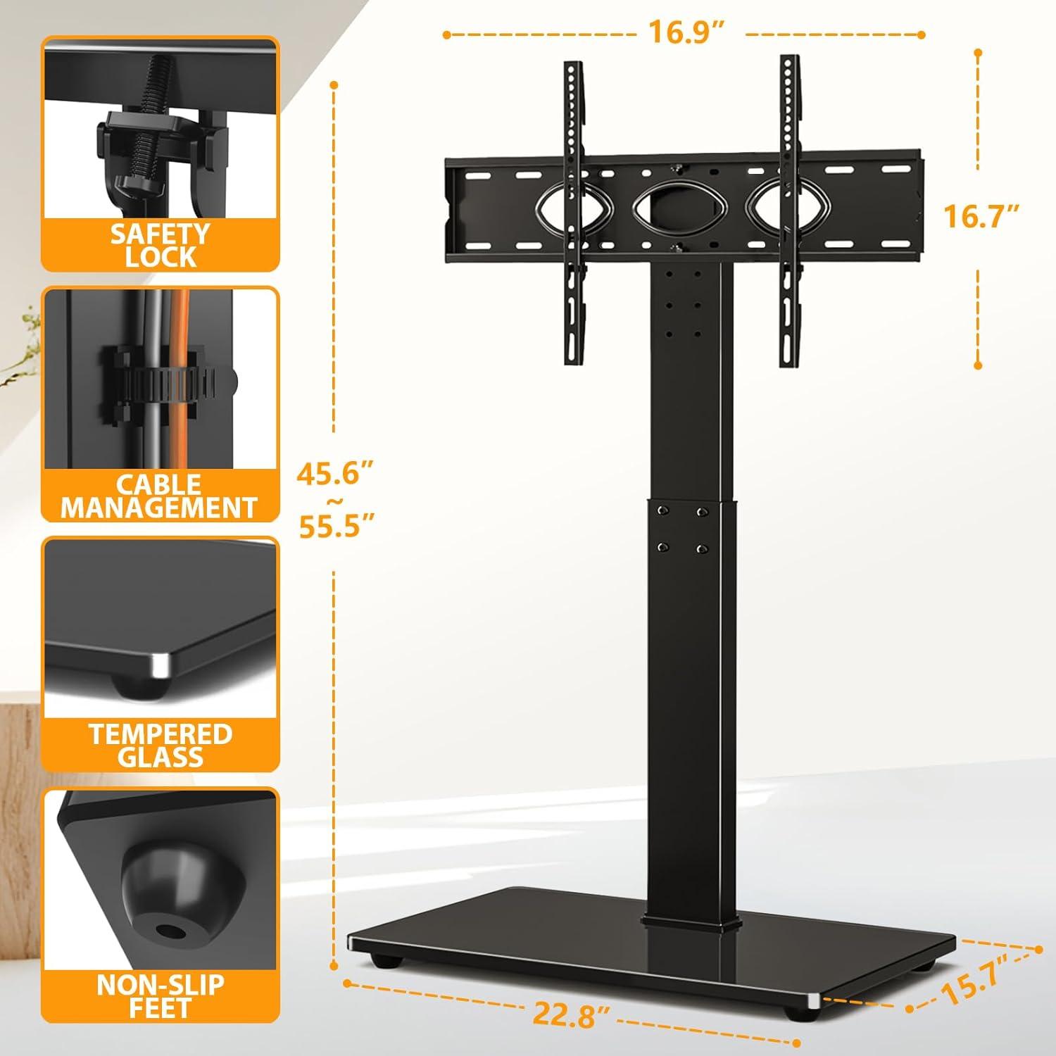 TAVR Universal Floor TV Stand Base for 32-75 Inch TVs up to 110 Lbs with Swivel Height Adjustable Mount, Black Tempered Glass Base for Media Storage and Space Saving