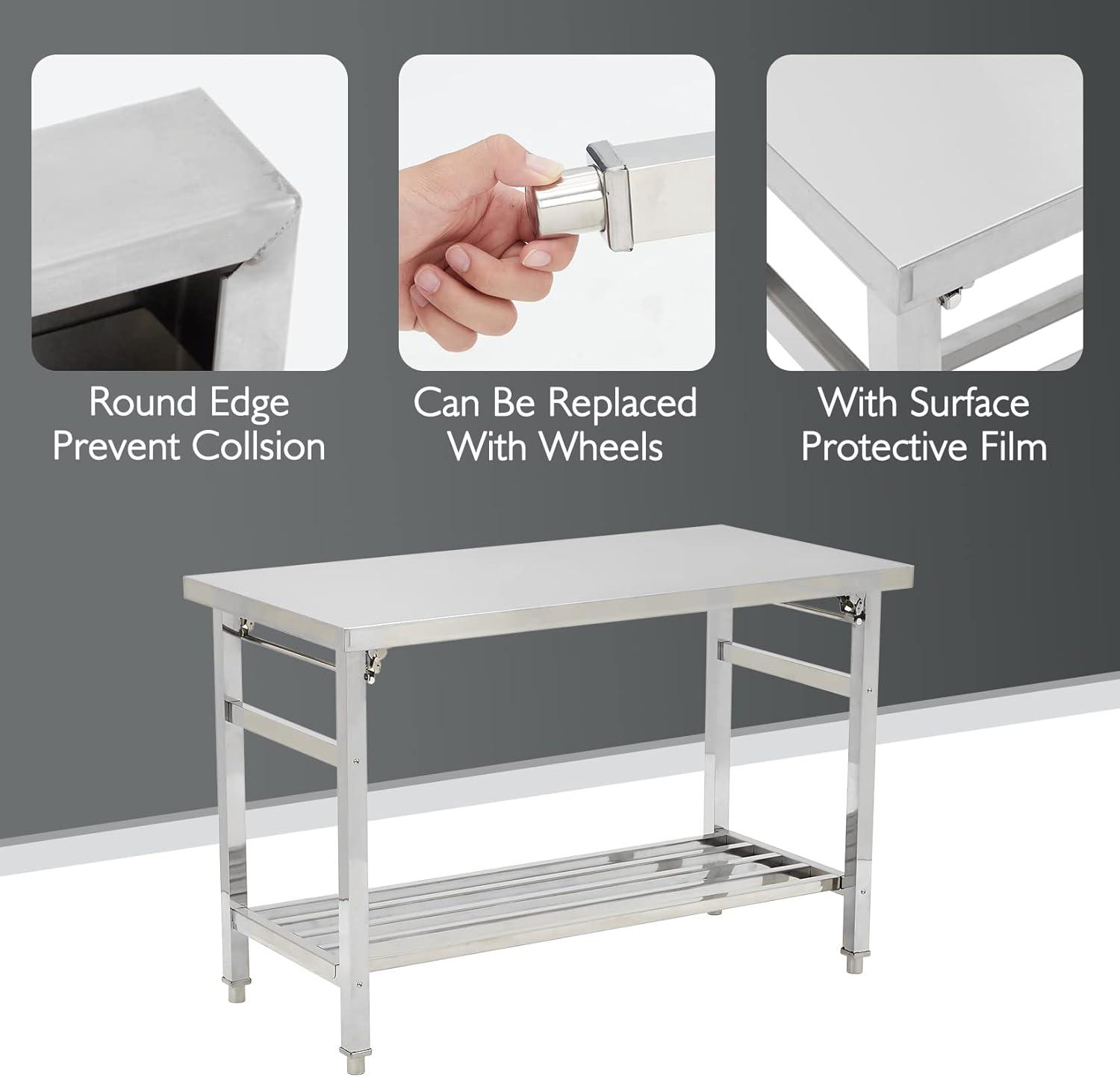 Stainless Steel Folding Worktable with Adjustable Shelf, 24x48 Inches