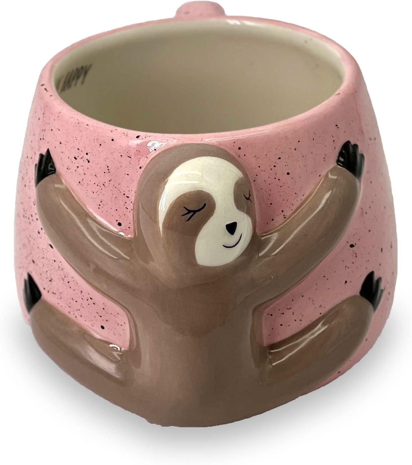 Pink Ceramic Sloth Shaped Coffee Mug with Printed Saying