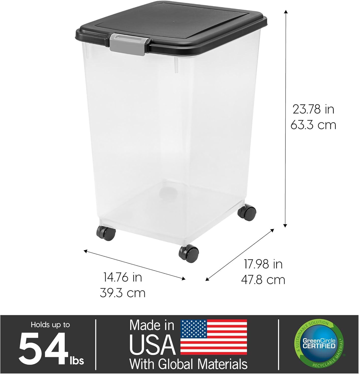 IRIS USA 54 Lbs / 69 Qt WeatherPro Airtight Pet Food Storage Container with Attachable Casters, For Dog Cat Bird and Other Pet Food Storage Bin, Black