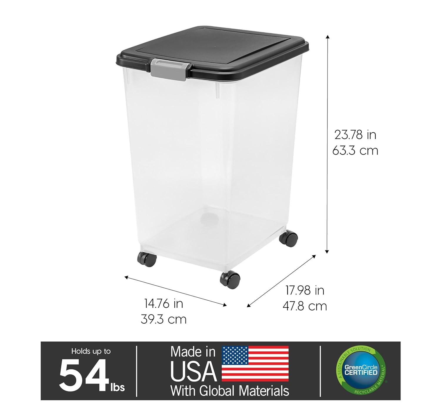 IRIS USA 54 Lbs / 69 Qt WeatherPro Airtight Pet Food Storage Container with Attachable Casters, For Dog Cat Bird and Other Pet Food Storage Bin, Black