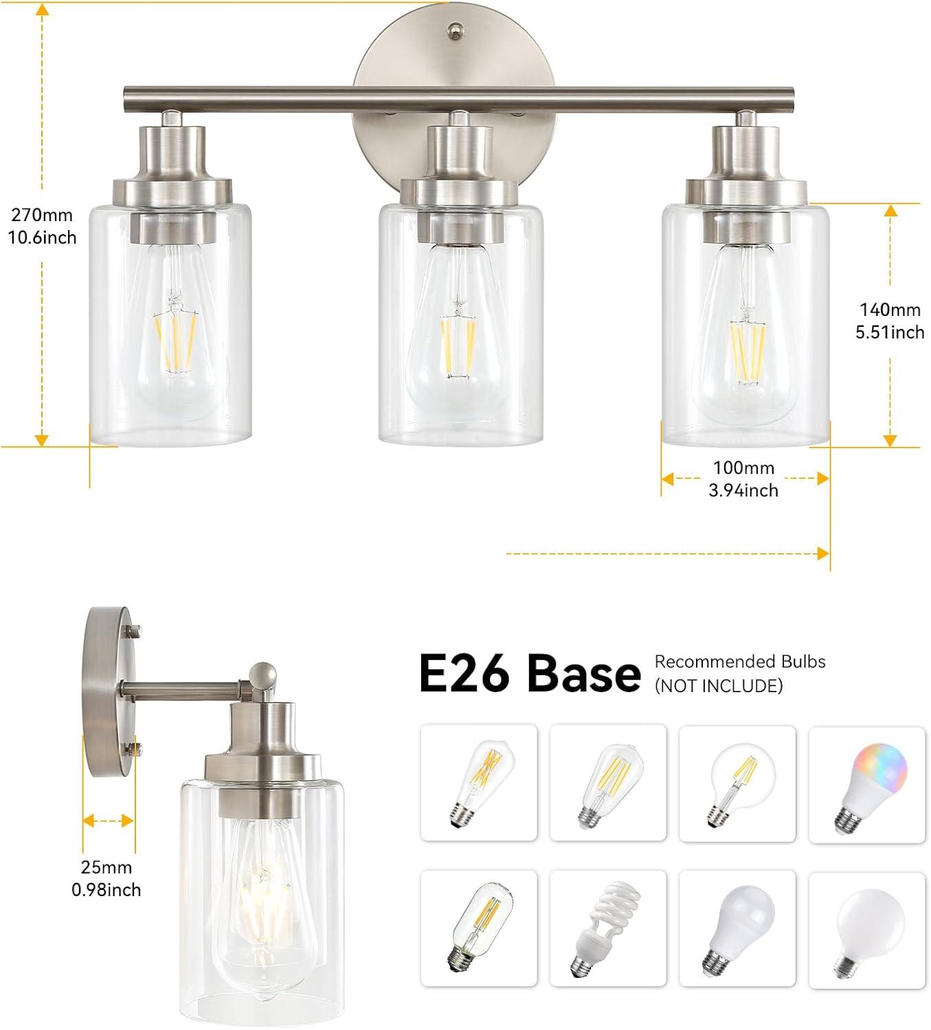 Vanity Wall Light Fixtures, Modern 3 Lights Wall Sconce with Clear Glass Shade, Brushed Nickel Farmhouse Wall Lamp for Bathroom Mirror Kitchen Porch Living Room Workshop (E26 Base)