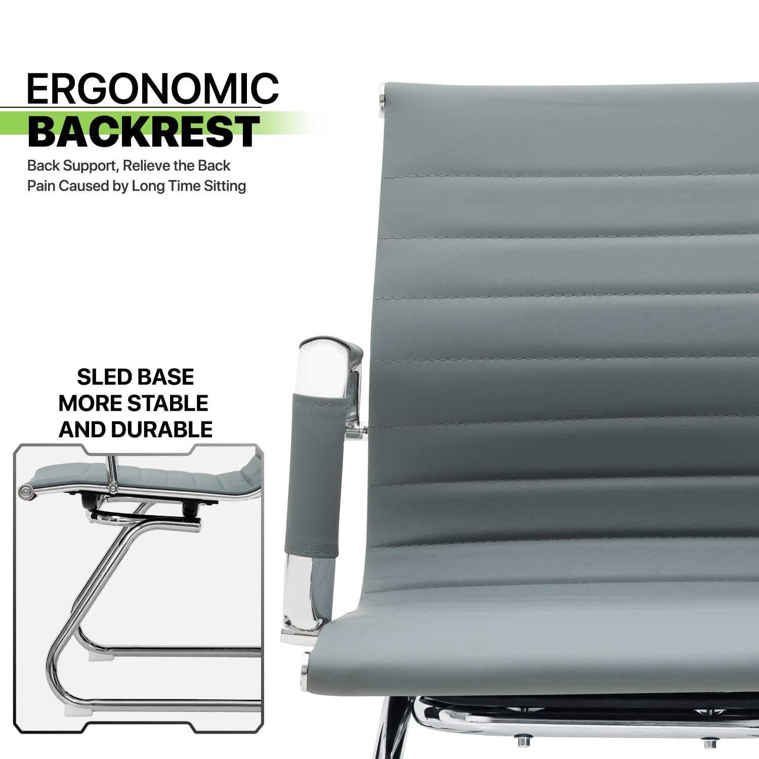 Guyou Modern Mid Back Office Guest Chair Set of 2, Faux Leather Reception Chair Computer Chair with Armrests and Metal Sled Base for Meeting/Waiting/Conference Room, No Wheels, Black