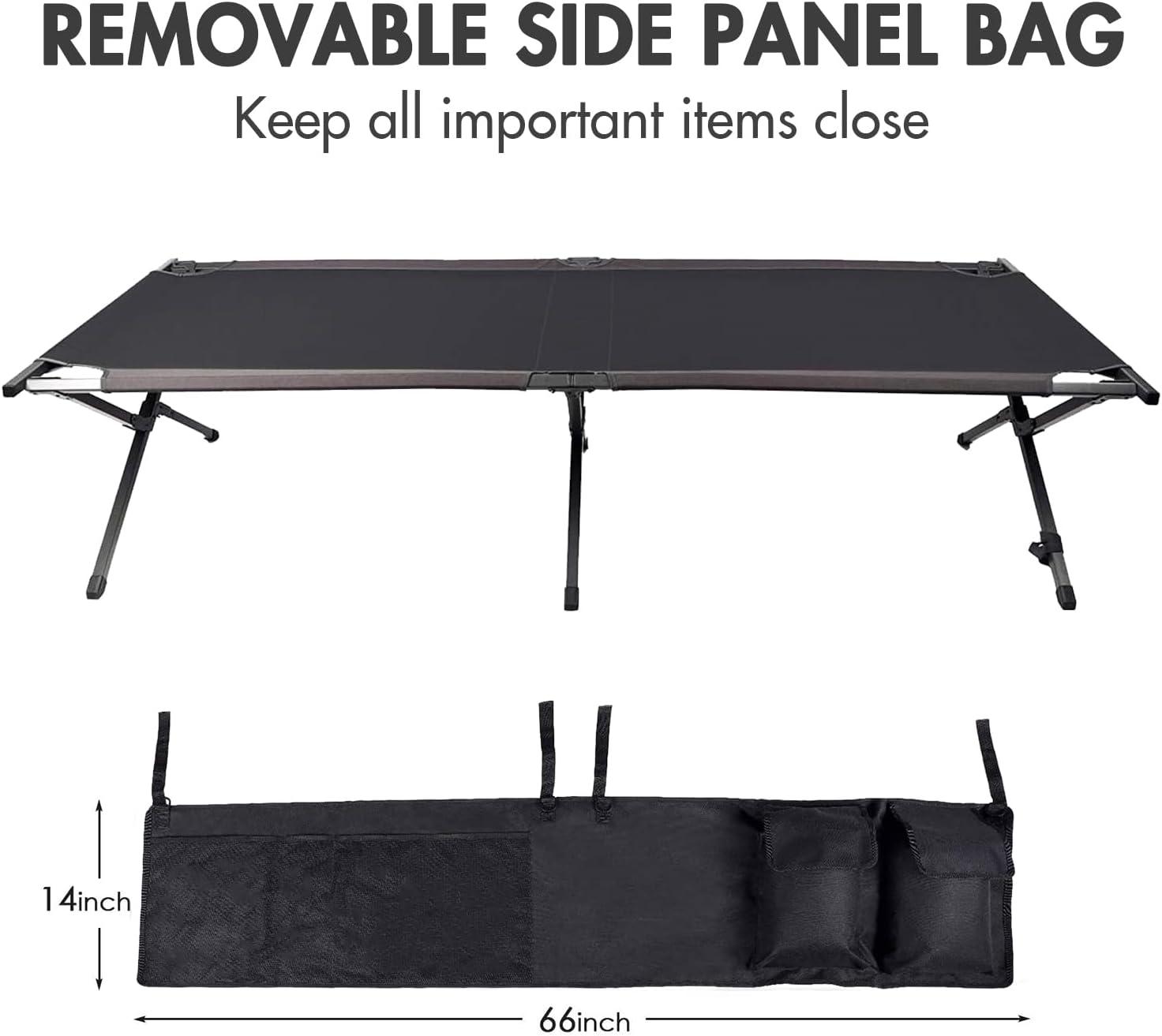 Black Steel Folding Portable Camping Cot with Storage Organizer