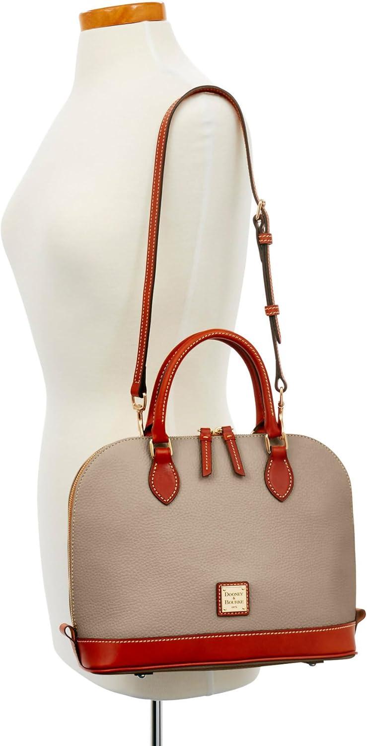 Taupe Genuine Leather Dome Satchel with Adjustable Strap