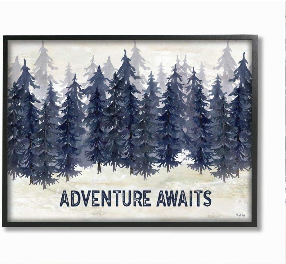 Stupell Industries Adventure Awaits Quote Blue Pine Tree Forest Scene Framed Wall Art Design by Cindy Jacobs, 24" x 30", Black Framed