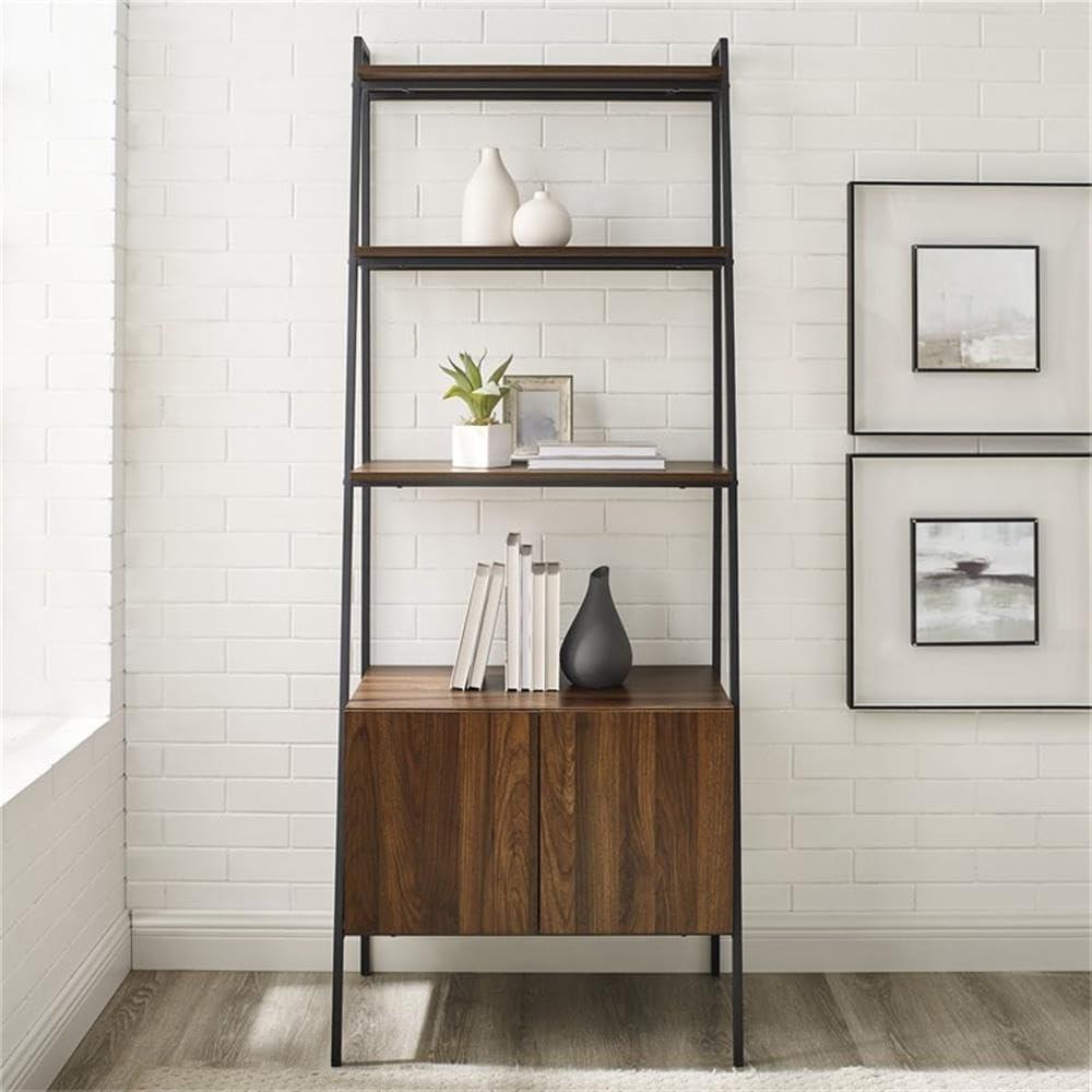 Dark Walnut 72" Ladder Shelf with Cabinet and Doors