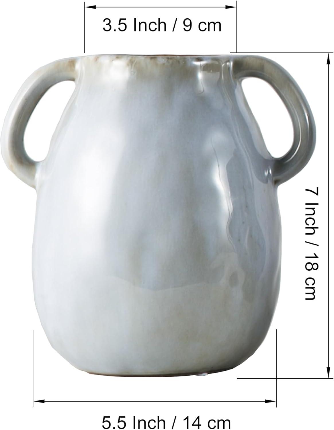 Grey Ceramic Vase with 2 Handles, Modern Farmhouse Vase for Home Decor, Rustic Terracotta Vase, Decorative Pottery Flower Vase, Clay Samll Vase, Centerpieces for Dining Table - 7 Inch Tall