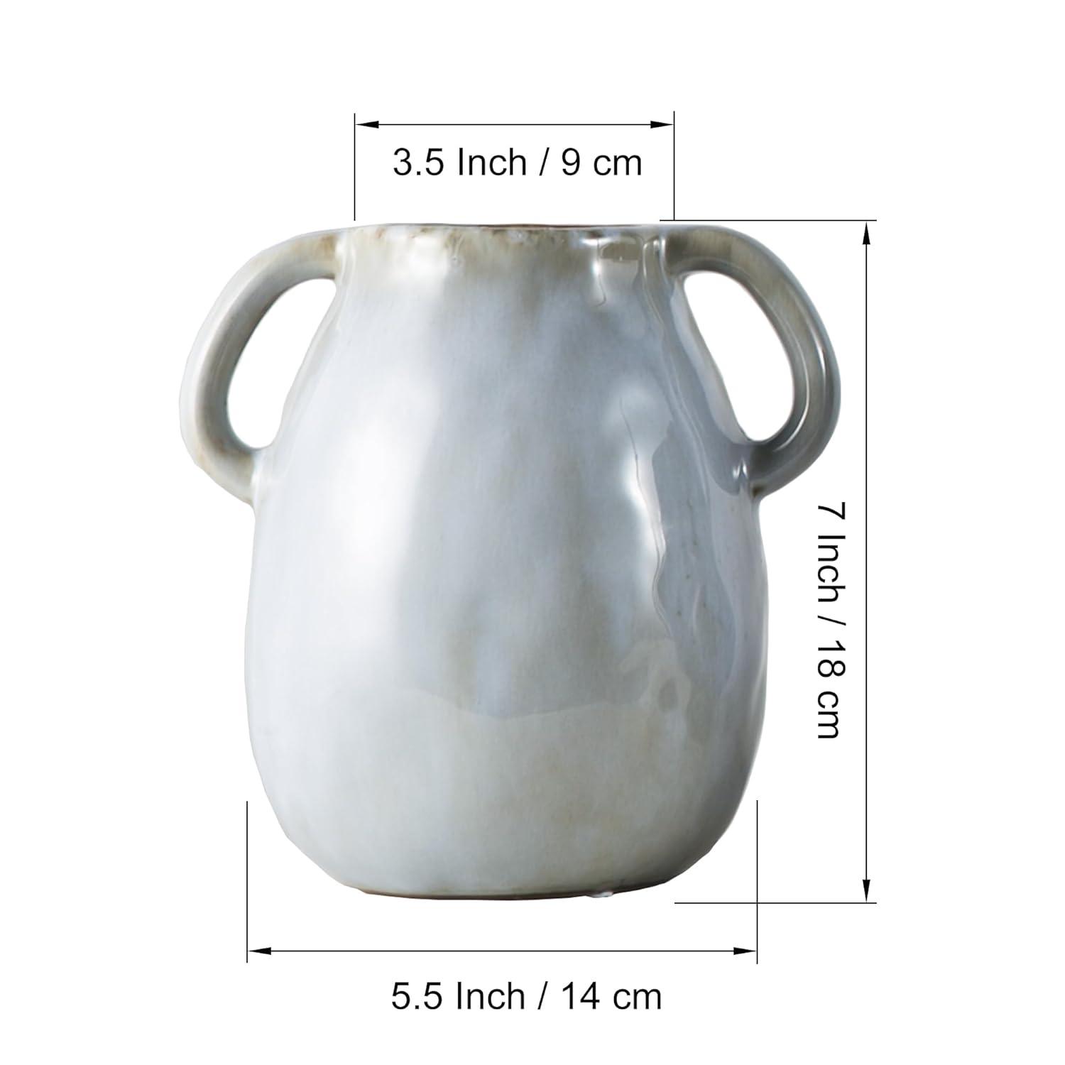 Grey Ceramic Vase with 2 Handles, Modern Farmhouse Vase for Home Decor, Rustic Terracotta Vase, Decorative Pottery Flower Vase, Clay Samll Vase, Centerpieces for Dining Table - 7 Inch Tall