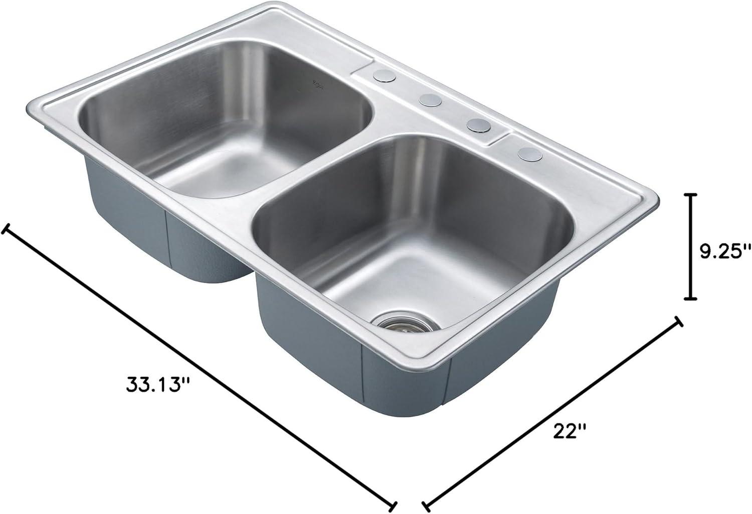 KRAUS 33 inch L Topmount 50/50 Double Bowl 18 Gauge Stainless Steel Kitchen Sink with NoiseDefend Soundproofing