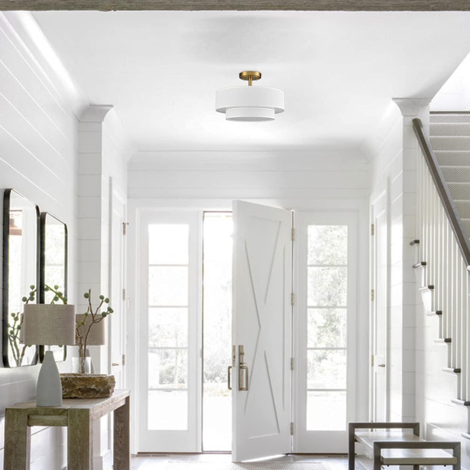 Claxy 15" Gold Semi Flush Mount LED Ceiling Light with Dual-Layer Drum Linen Shade