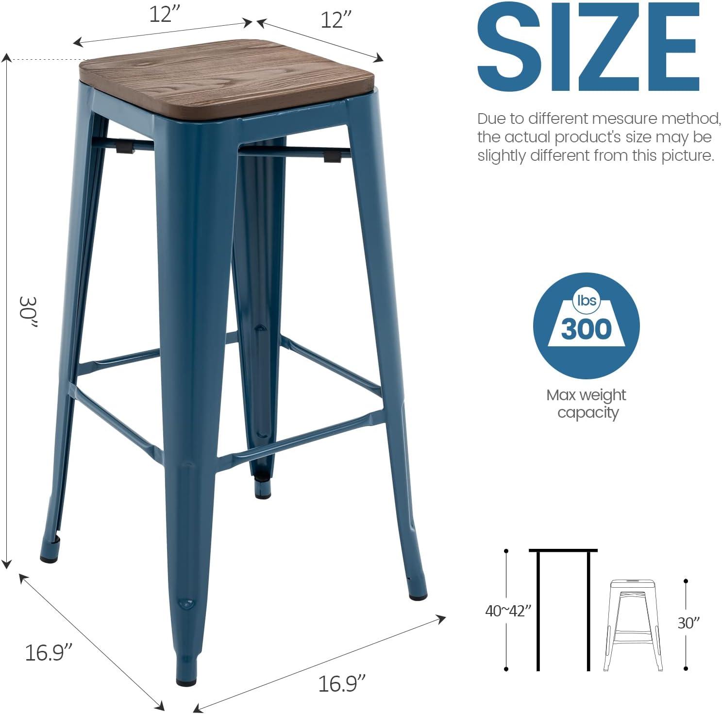 Deep Blue 30" Metal Bar Stools with Elm Wood Seat, Set of 2