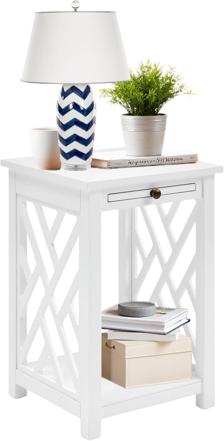 Alaterre Furniture Coventry Wood End Table with Tray and Bottom Shelf, Modern Accent Furniture, White
