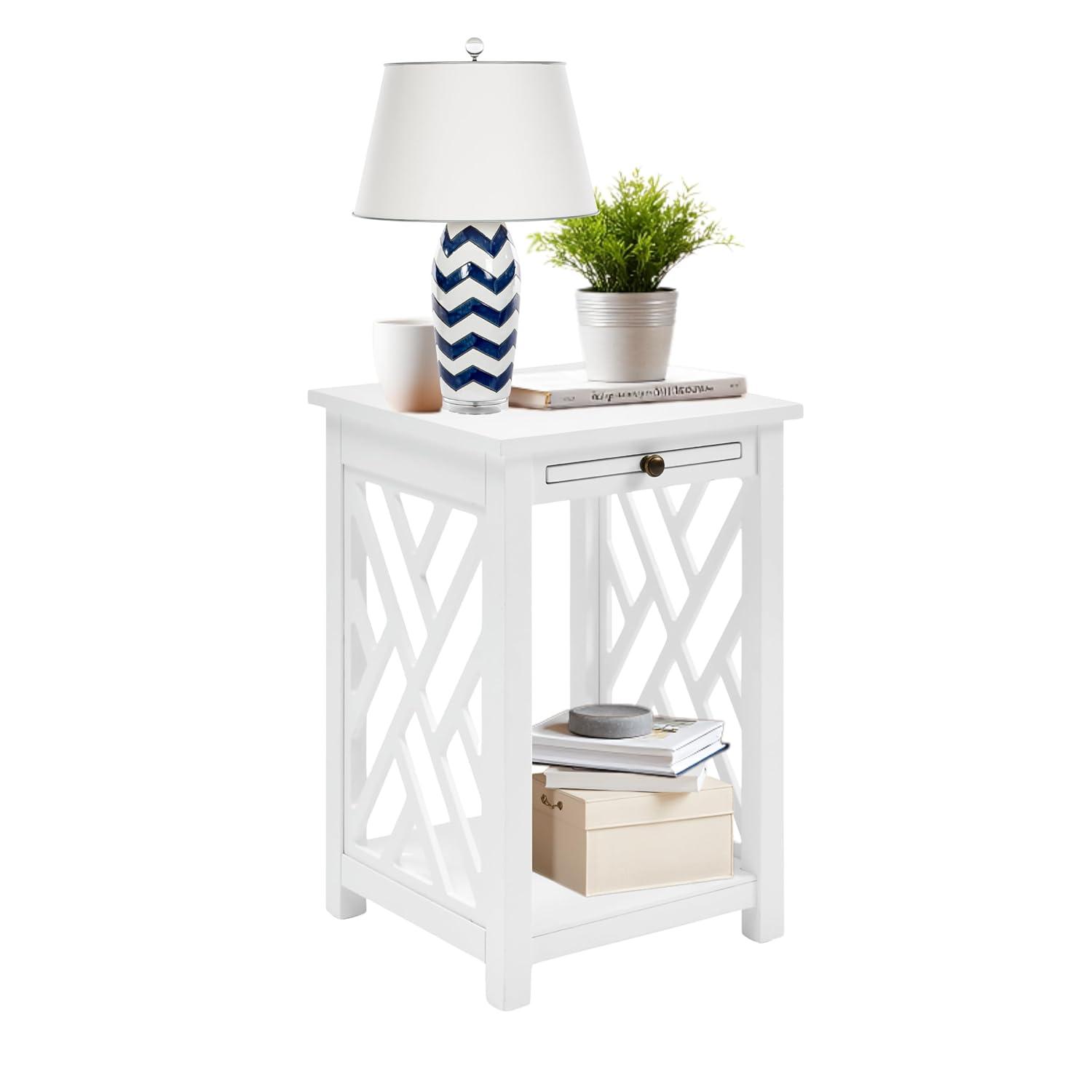 Alaterre Furniture Coventry Wood End Table with Tray and Bottom Shelf, Modern Accent Furniture, White