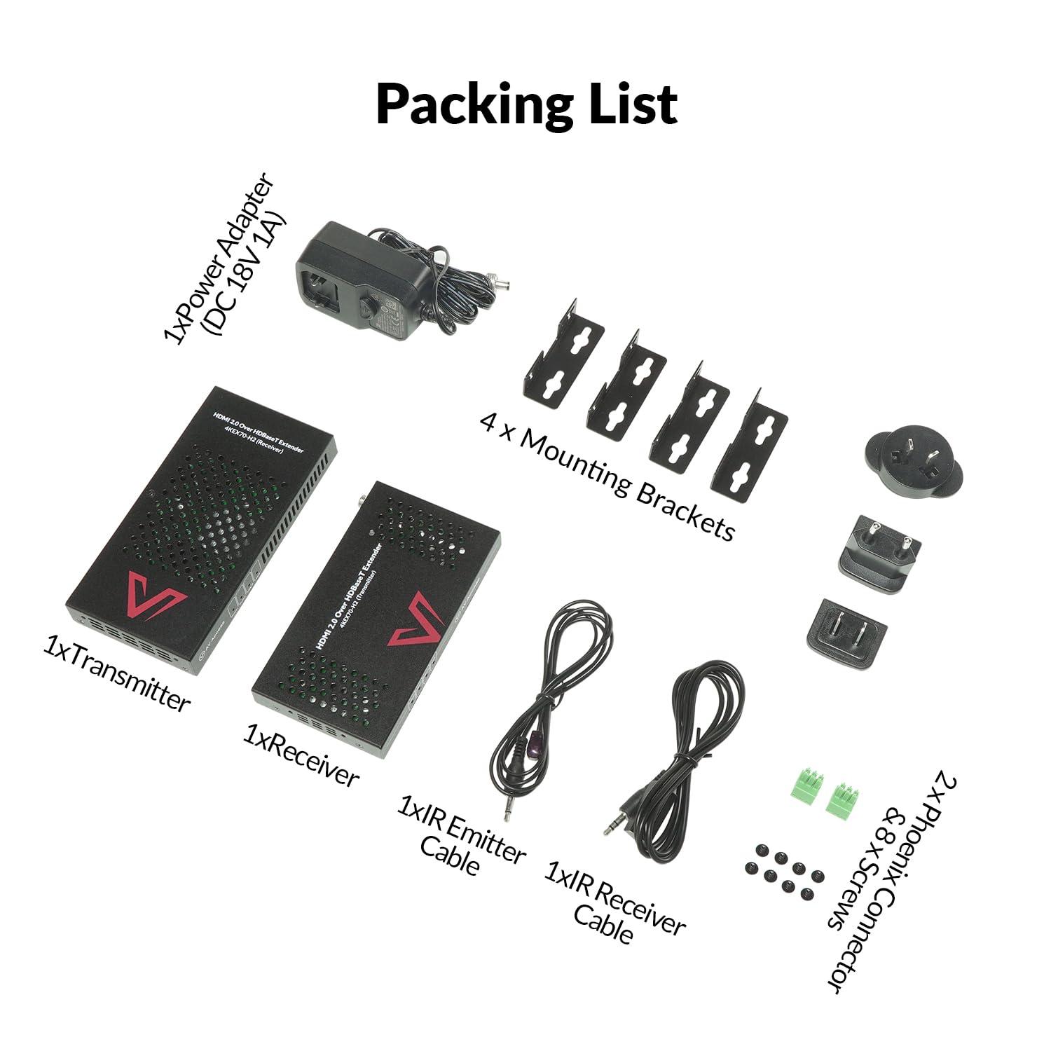 AV Access HDBaseT 4K HDMI Extender Over Cat5e/6/6a/7 4K@60Hz 130ft, 1080P@60Hz 230ft, HDR10+, HDMI 2.0 YUV4:4:4, UltraHD, HDCP 2.2, 18Gbps, Plug & Play, IR Return & PoE, Smart EDID(4KEX70-H2)
