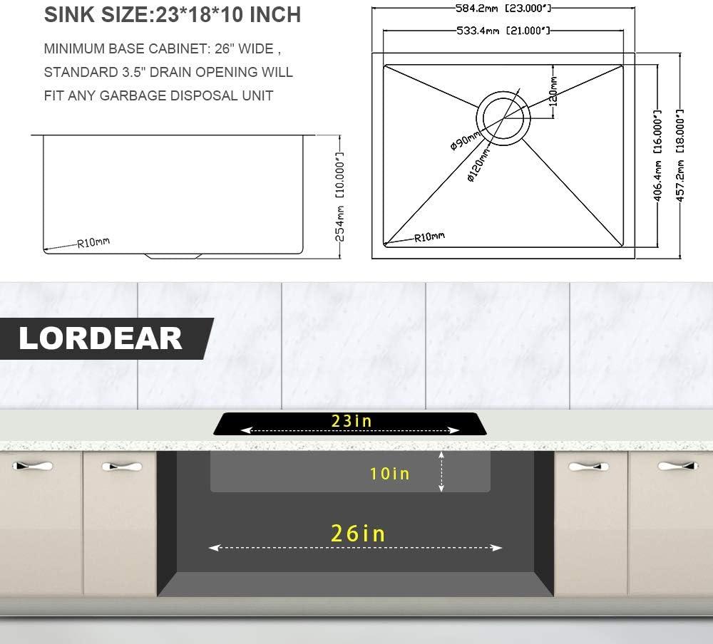 Lordear Undermount Kitchen Sinks 23 inch Small Undermount Bar Sink,16-Gauge Stainless Steel Single Bowl Bar Prep Kitchen Sink One Basin 23x18x10 Inch Handmade