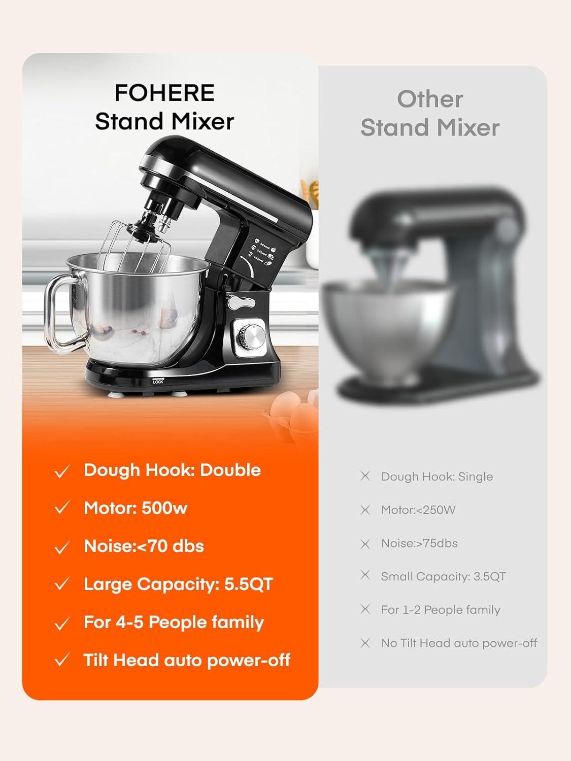 Stand Mixer with Double Hook, 6 Speeds, 5.5Qt Stainless Steel Bowl, Beater and Whisk Black