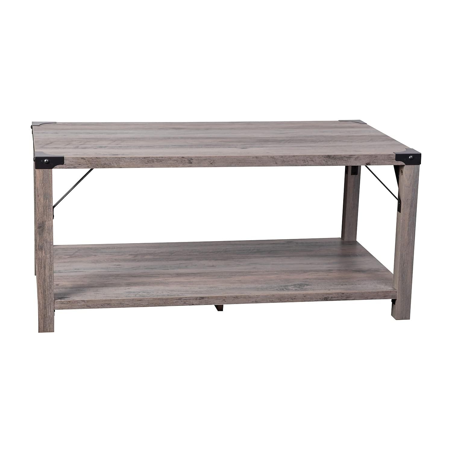 Flash Furniture Wyatt Modern Farmhouse Wooden 2 Tier Coffee Table with Black Metal Corner Accents and Cross Bracing, Gray Wash