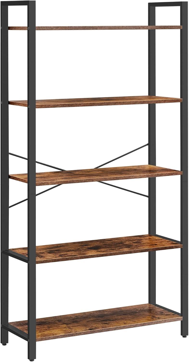 Adjustable Black Metal and Wood 5-Tier Bookshelf