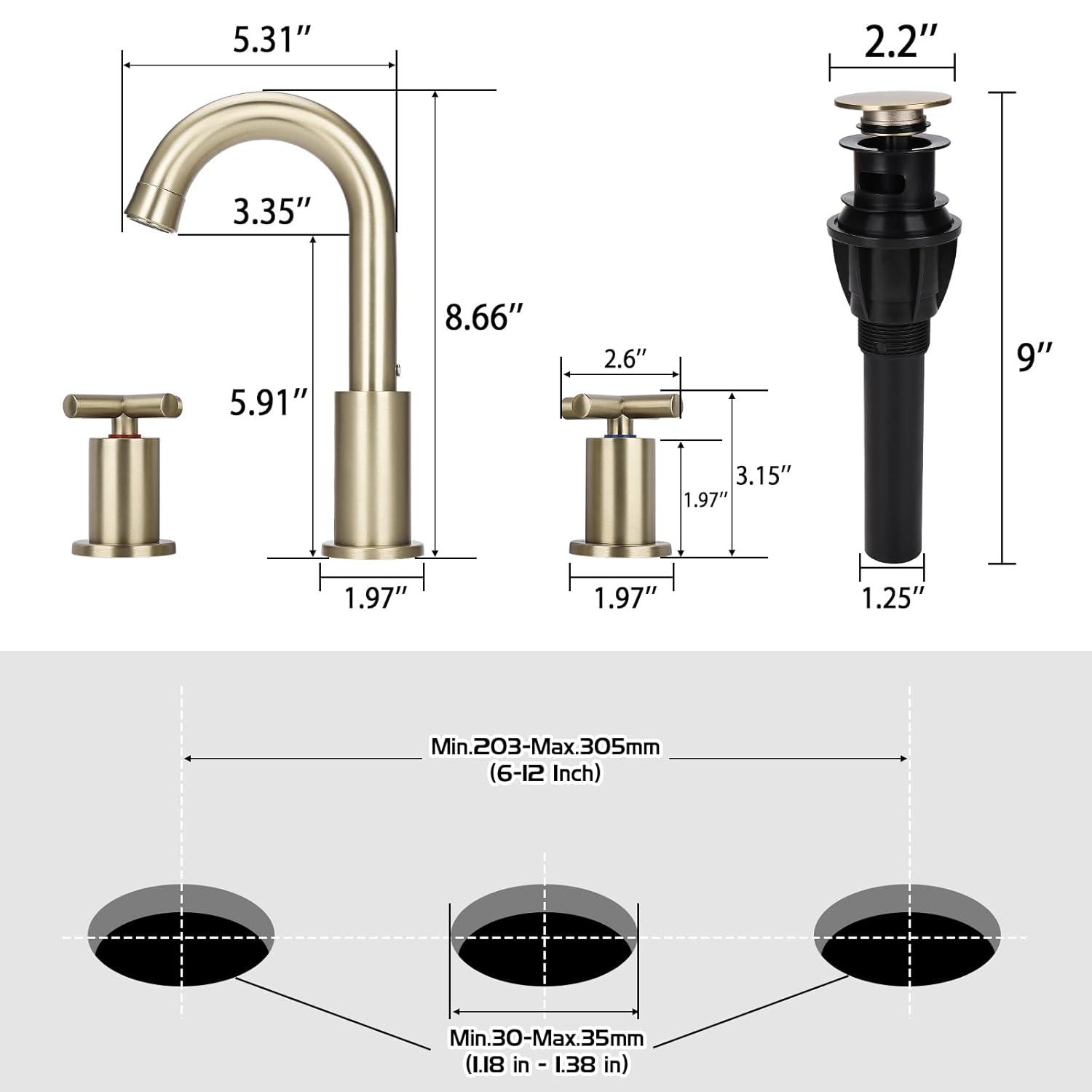 GXCROR Bathroom Faucets for Sink 3 Hole,2-Handle 8 inch Widespread Bathroom Sink Faucet with Pop Up Drain, Brushed Gold Basin Faucet Mixer Taps