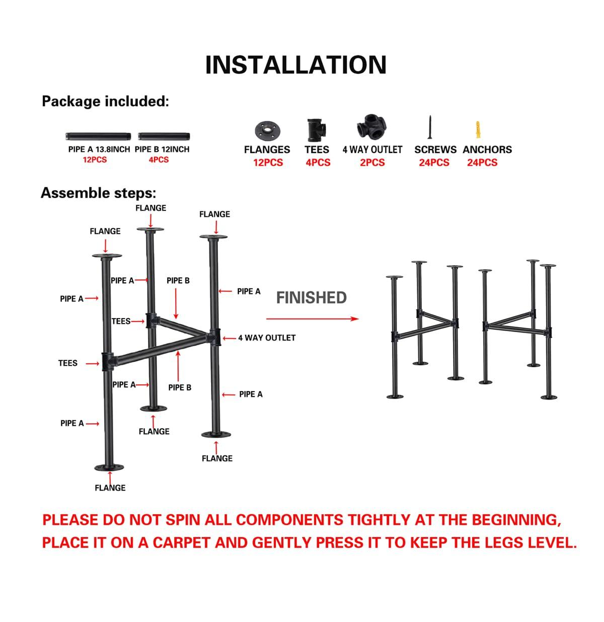 Industrial Pipe Table Leg Set,Metal Table Legs for Coffee and End Tables, Desks, Nightstand,2Pcs, 28" H × 18" W(Black)