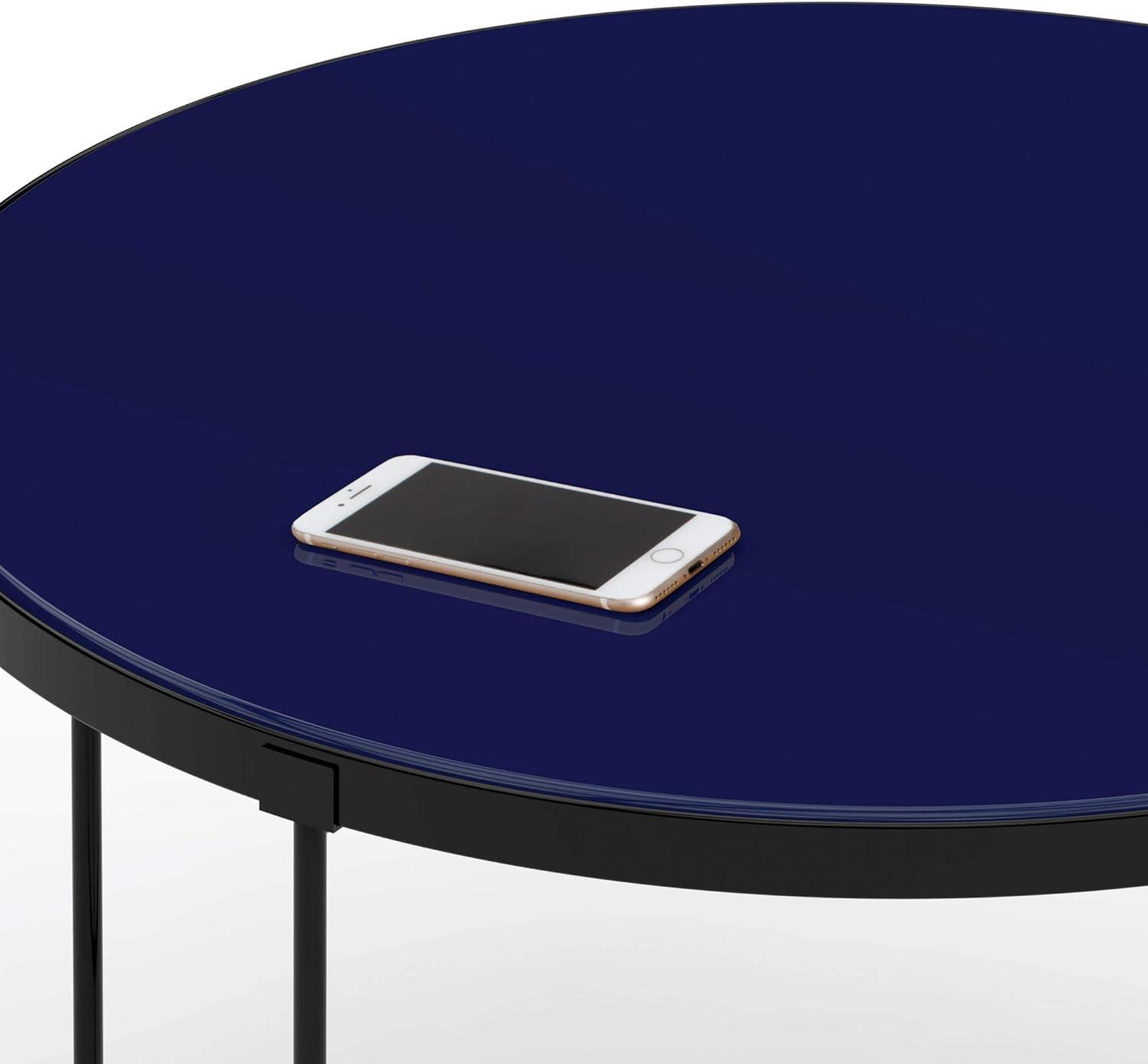 Finch 28'' Round Blue Wood Coffee Table with Black Metal Base